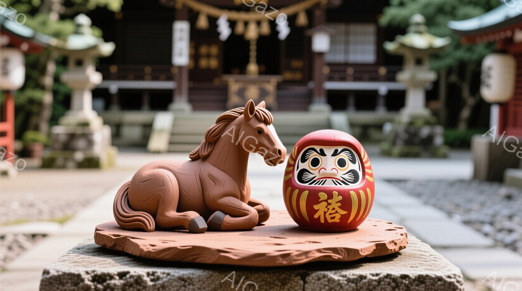 陶製の馬と赤いダルマの人形が、石の台座の上に並んで置かれています。背景には、赤い柱や屋根を持つ寺院の建物が見え、緑豊かな木々が周囲を彩っています。全体的に、穏やかで静謐な雰囲気が漂い、日本の伝統的な美しさが感じられます。