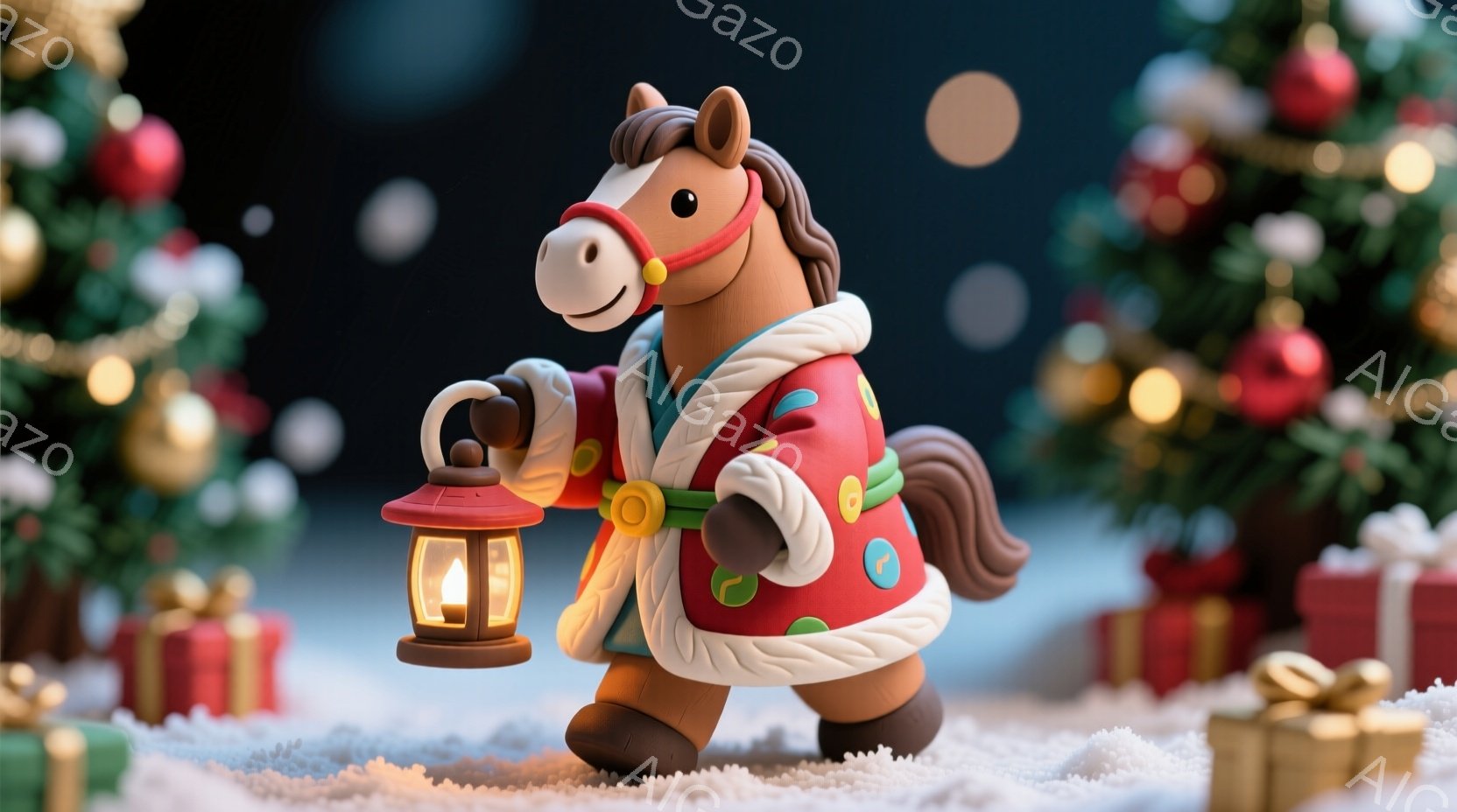 茶色い馬が、赤い縁取りのある白い外套を着て、左手に提灯を持っています。その馬は雪に覆われた地面を歩き、やや前方を見据えた表情をしています。背景にはクリスマスツリーとプレゼント箱が置かれ、雪が舞う幻想的 - AI生成フリー素材