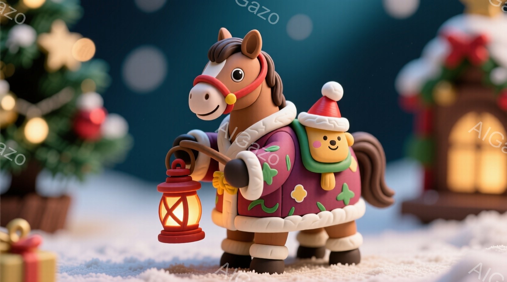 茶色の馬がクリスマス風の服装をしています。赤いサンタの帽子をかぶり、緑色の模様が入った白いコートを着て、ランタンを持っています。背景にはクリスマスツリーや飾り付けられた建物があり、雪が降る冬の夜の温か - AI生成フリー素材