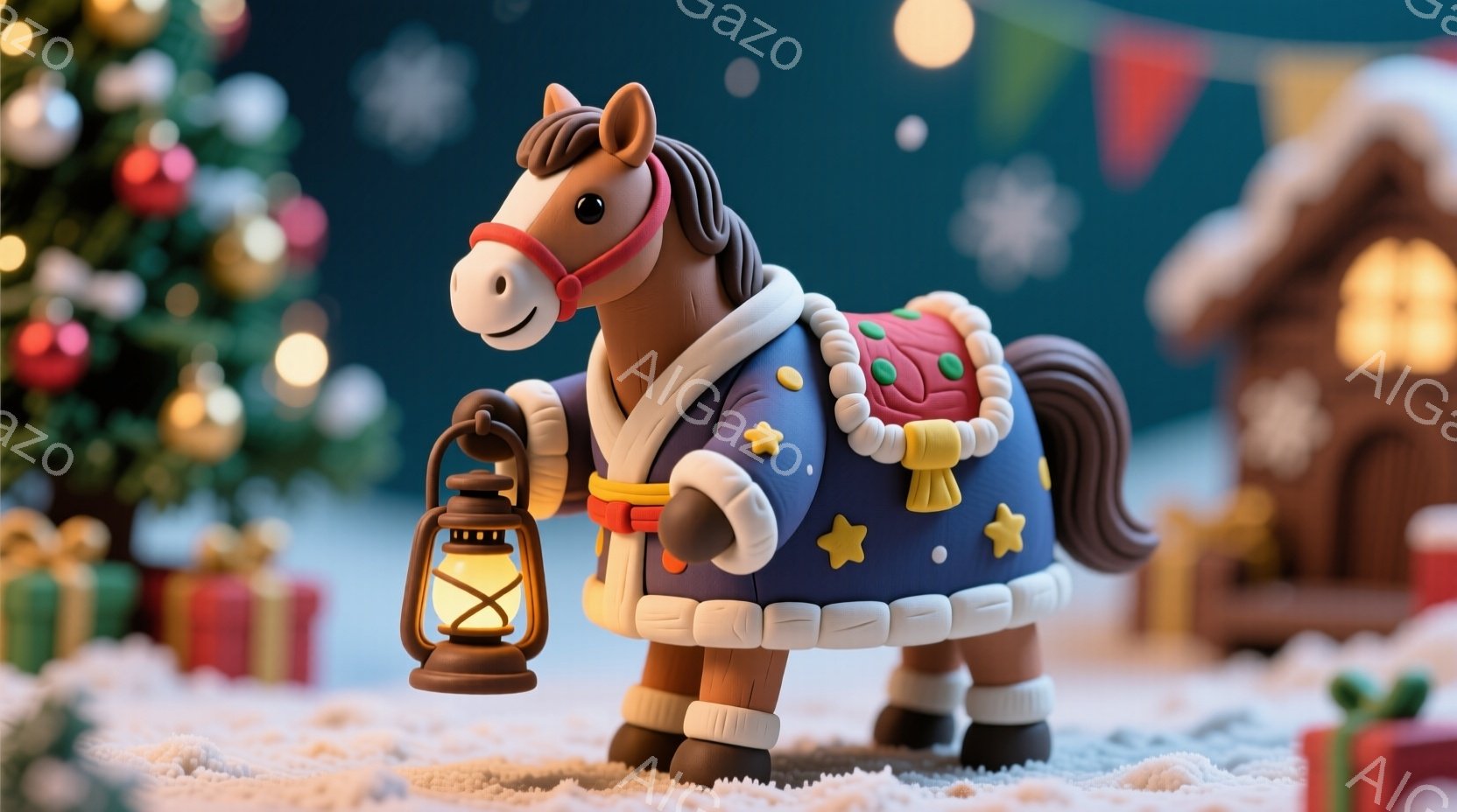 青いマントと金色の装飾が施された衣装を着た、可愛らしい馬のフィギュアを描いています。馬はランタンを持ち、雪景色の中に立っており、背景にはクリスマスツリーと可愛らしい家が見えます。全体的に暖かく、お祝い - AI生成フリー素材