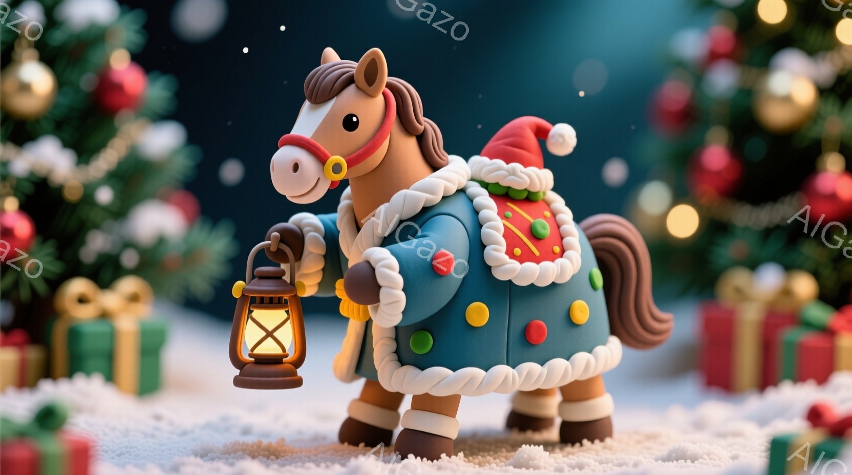 可愛らしい馬が、クリスマスの飾りを身に着け、雪景色の中で提灯を持っています。青いコートには白いフリルが施され、赤いサンタ帽を被り、丸い茶色の髪型をしています。背景にはプレゼントの山とぼやけたクリスマス - AI生成フリー素材