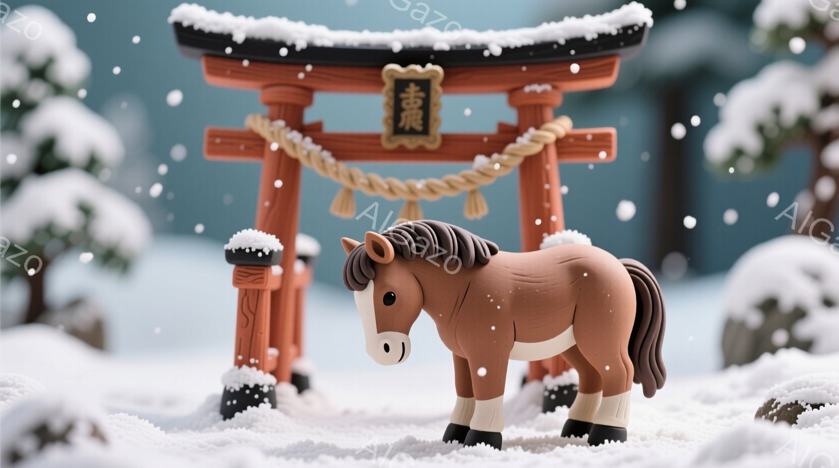 鮮やかな朱色の碗の中に、木彫りの馬が立っています。周りには、白地に青い模様の小さな皿が並び、それぞれに握り寿司が乗せられています。背景は暗く、テーブルの黒が際立ち、日本の伝統的な雰囲気が漂います。 - AI生成フリー素材