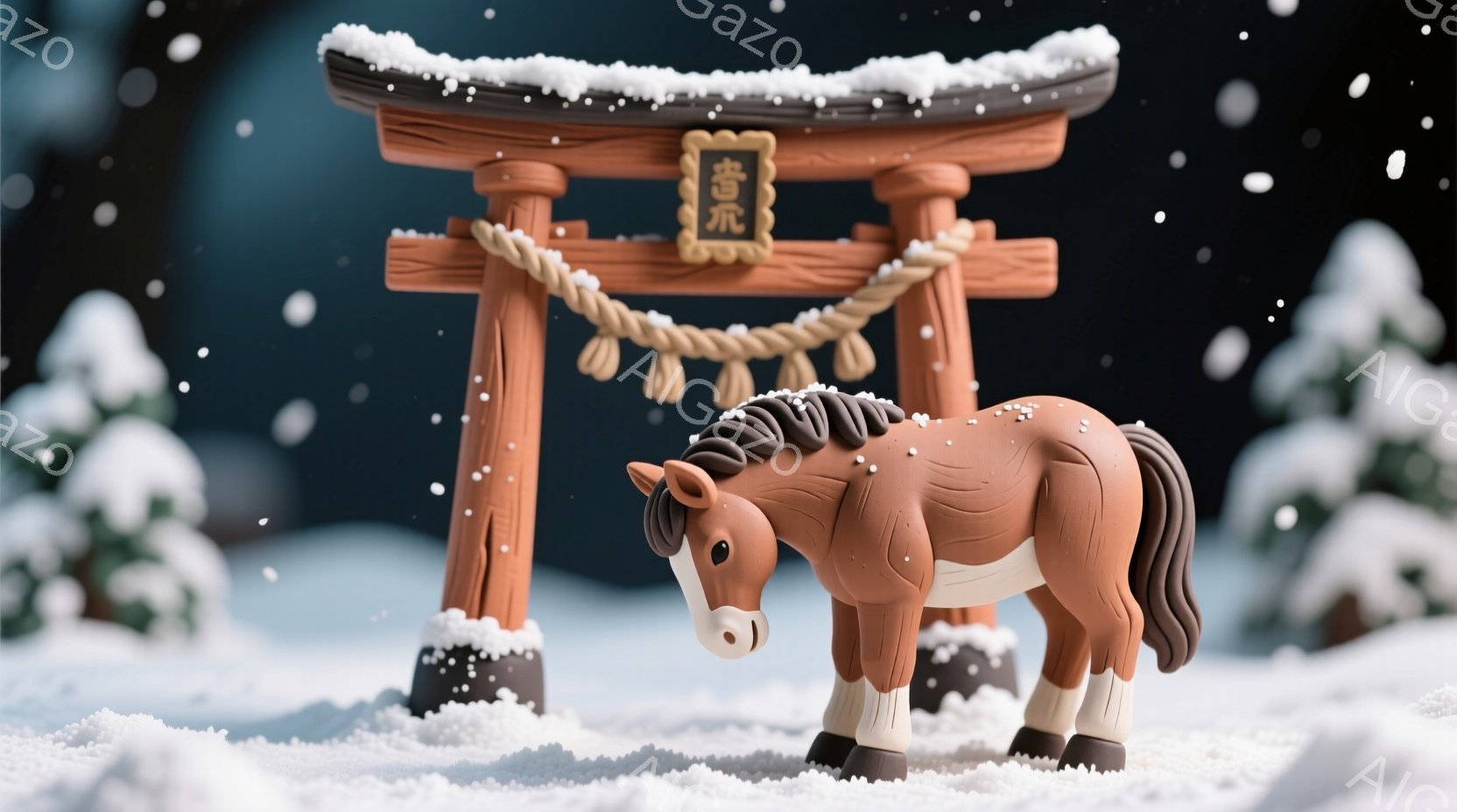 雪が降り積もる冬の風景の中に、茶色の馬が立っている。背景には雪で覆われた緑の木々と、赤い鳥居が見え、鳥居には「風」という文字が書かれている。全体的に穏やかで、牧歌的な雰囲気が漂っている。
