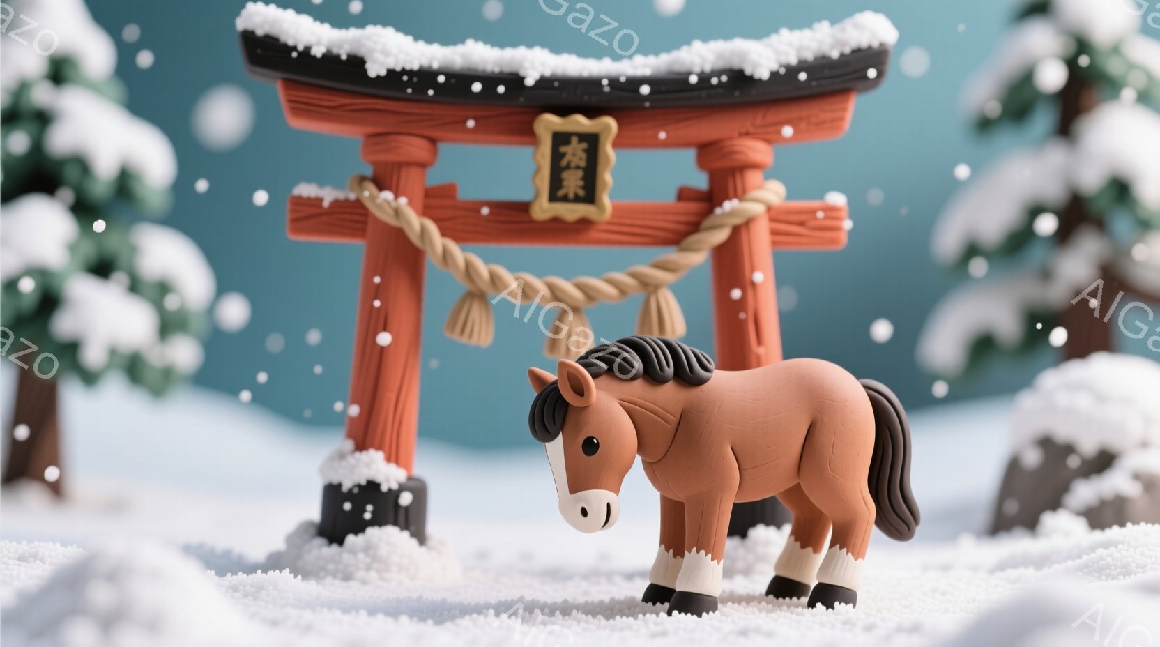 雪が降る冬の風景の中に、かわいらしい茶色の馬が立っています。背景には雪で覆われた木々と、赤い鳥居が見え、鳥居には「寿」という文字が書かれています。全体的に温かく、幻想的な雰囲気で、馬は穏やかに雪景色の - AI生成フリー素材