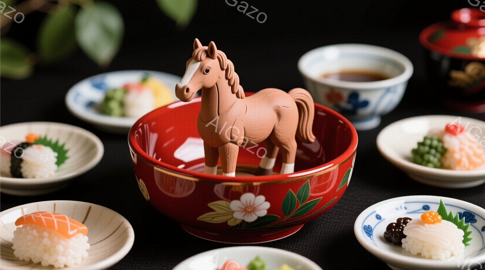 深紅色の牡丹柄の碗に、小さな馬の置物が佇んでいます。周囲には様々な具材を乗せた白磁の小皿が円を描くように配置されており、上品で趣のある食卓の様子を表しています。全体的に落ち着いた色調で、洗練された雰囲気を感じさせます。