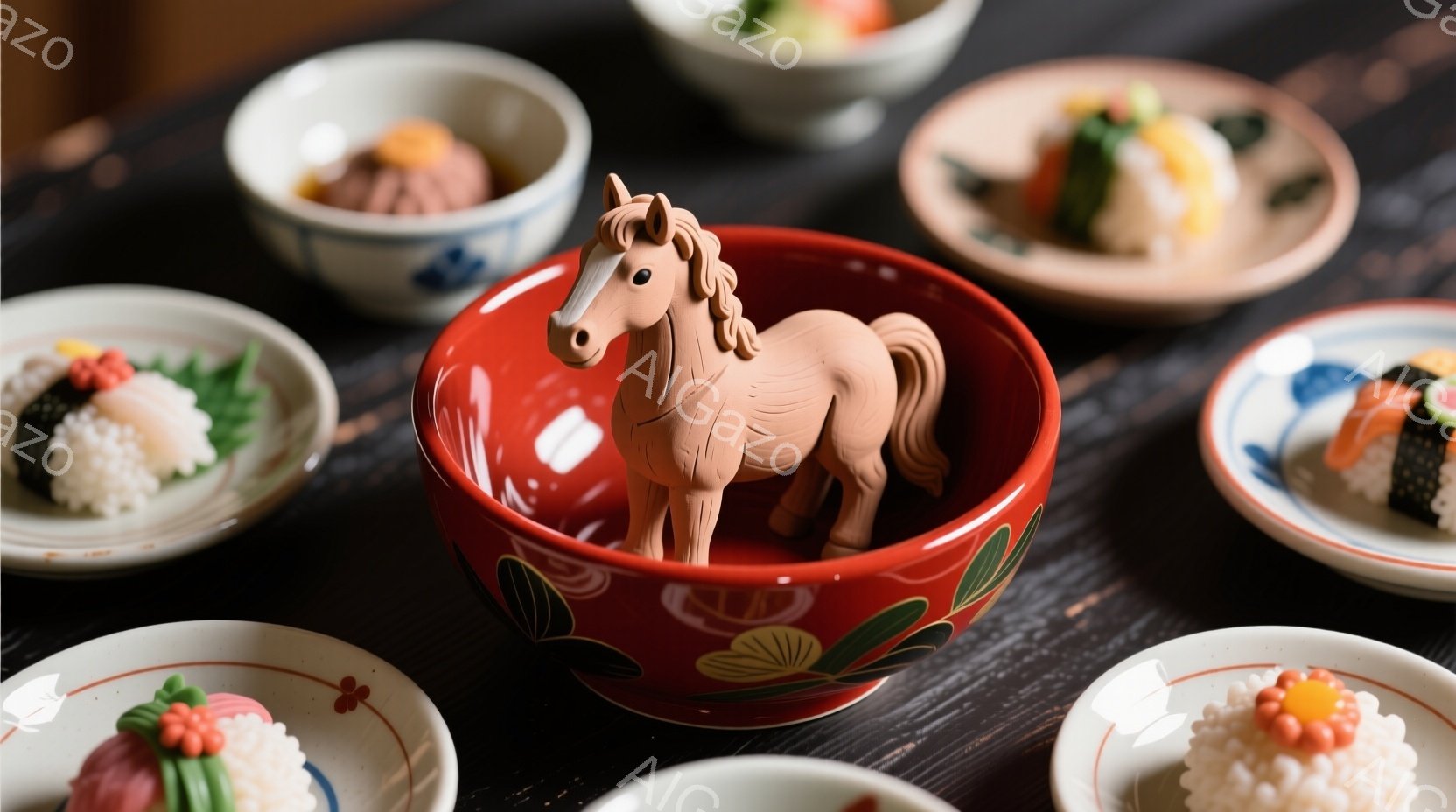 漆塗りの赤色の椀の中に、小さな馬の置物が置かれています。周囲には様々な種類の握り寿司が盛られた小皿が並び、全体的に和風で趣のある雰囲気が漂っています。背景は黒いテーブルで、光沢のあるお椀と寿司の鮮やかな色彩が際立っています。