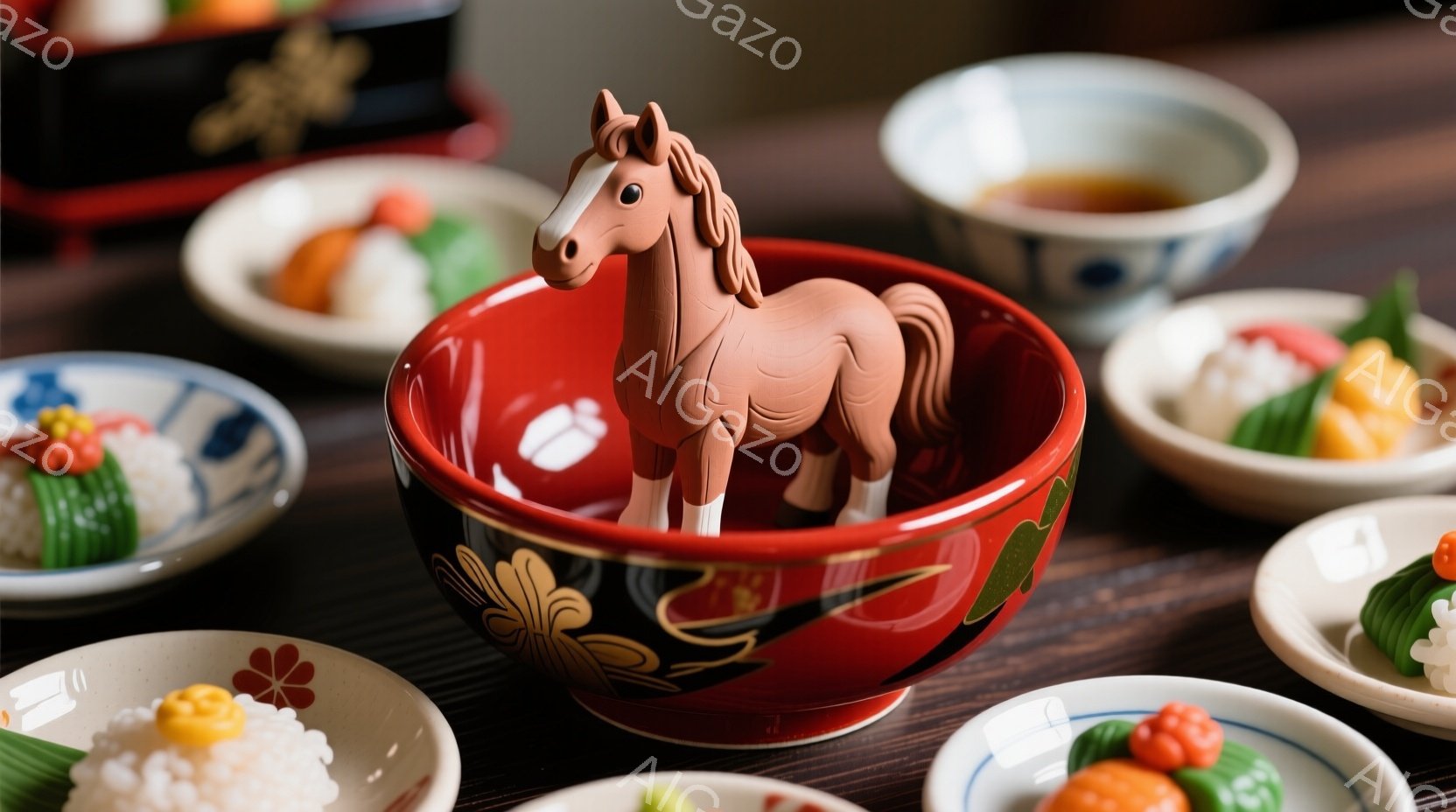 漆塗りの赤色の丼が中央にあり、その中に馬の置物が立っている。周りには、白地に赤や緑の模様が描かれた小皿がいくつか配置され、それぞれに盛り付けられたご飯やおかずが少しずつ見える。全体的に落ち着いた色合いで、伝統的な日本の食卓を思わせる静謐な雰囲気が漂っている。