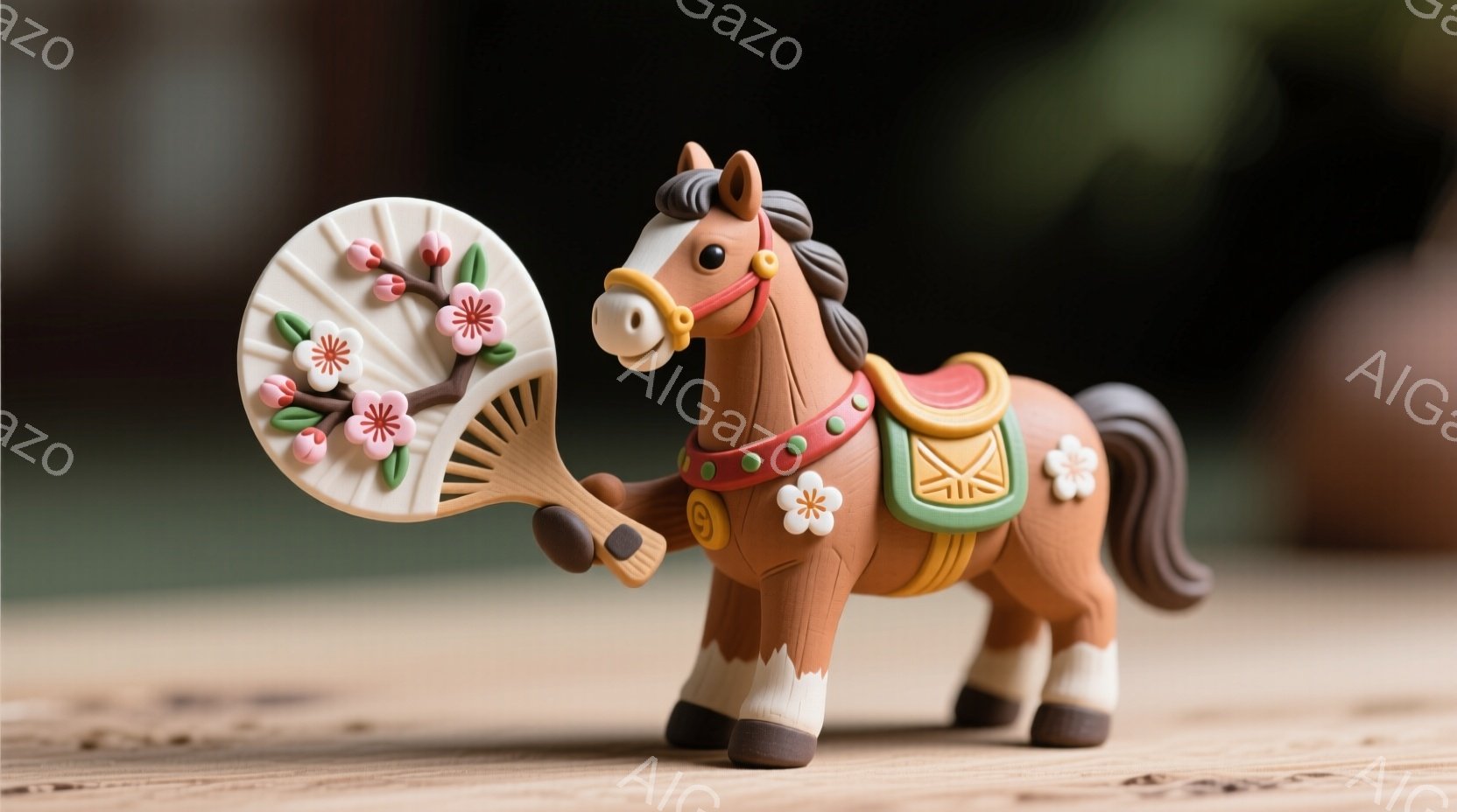 茶色い馬が、可愛らしい鞍を背負い、片手に扇子を持っています。扇子にはピンクの花が咲き、馬の装飾と調和しています。背景は木製のテーブルと緑色のぼかしで、温かく優しい雰囲気を醸し出しています。