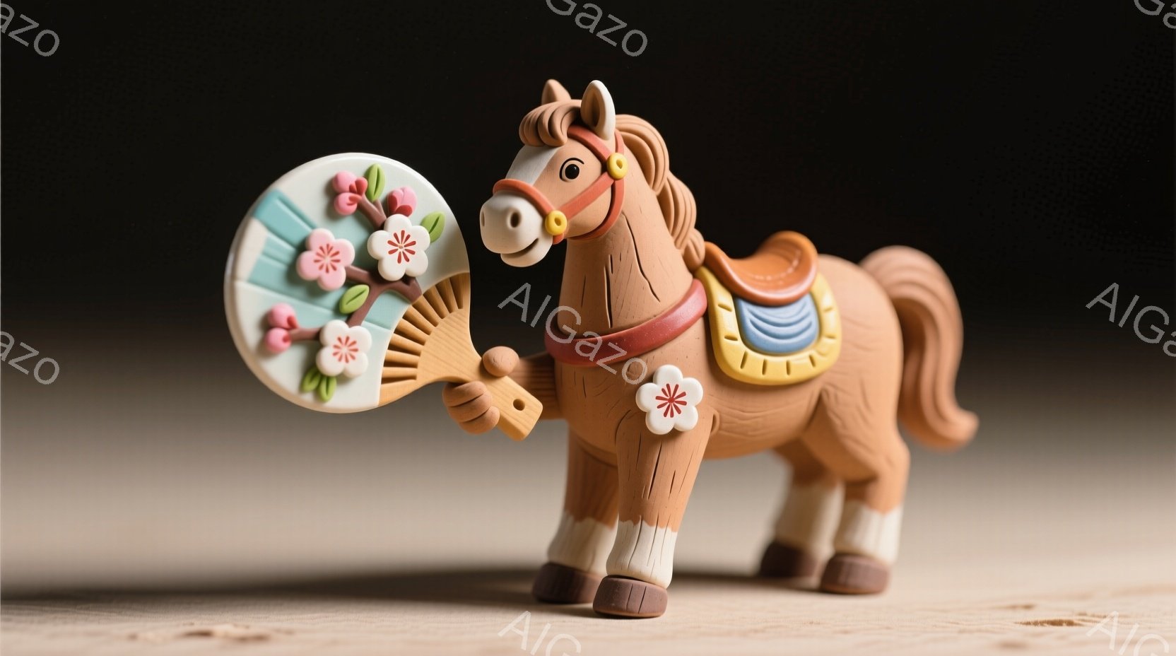 陶器のような質感の茶色の馬が立っています。赤い鞍と手綱を身につけ、片手には桜の花が描かれた扇子を持っています。背景はぼかした木目調の台で、暖かく穏やかな雰囲気を醸し出しています。