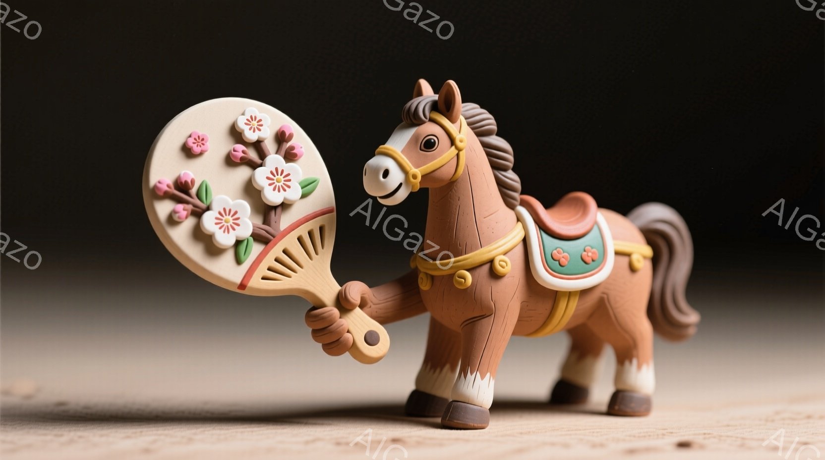 茶色い木製の馬のおもちゃが描かれており、首輪と鞍を身につけています。右前足で扇子を持ち、優しい表情をしています。背景はぼかした木目で、暖かく落ち着いた雰囲気です。