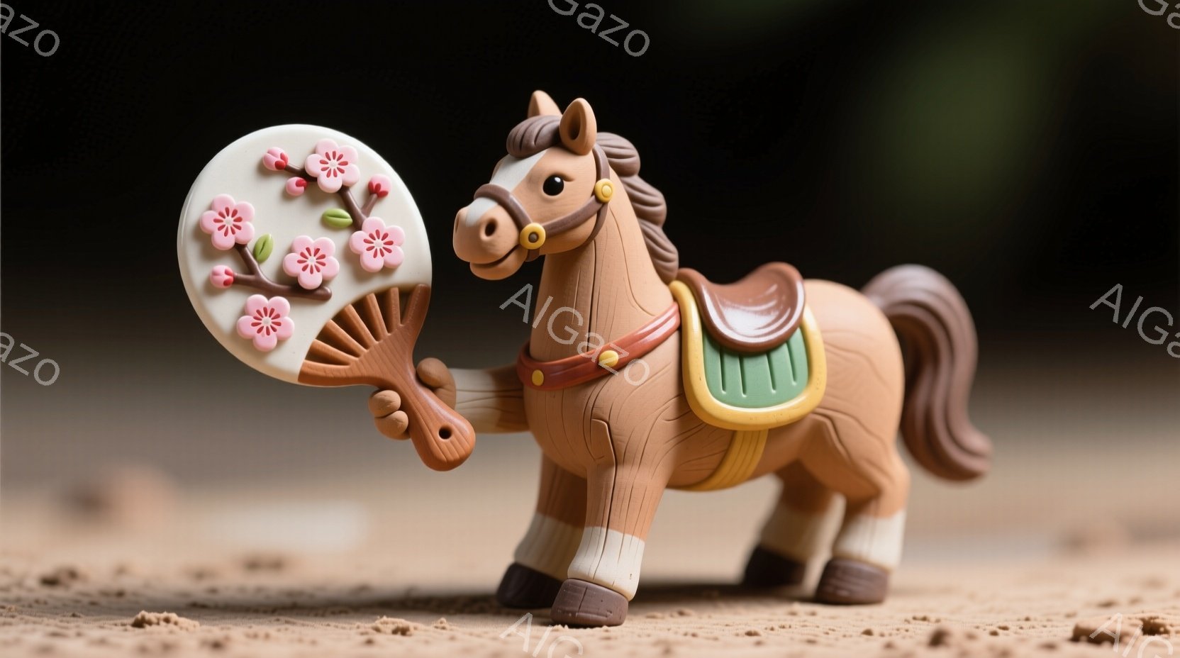 茶色い陶器で作られた馬のおもちゃが写っています。馬は、ピンクの花が描かれた扇子を持っており、緑と茶色の鞍を背中に載せています。背景はぼやけた茶色の地面で、おもちゃの素朴で温かい雰囲気を強調しています。