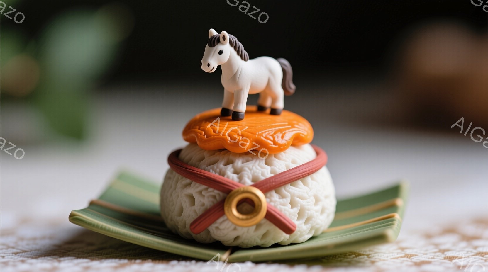 鮮やかな緑色の葉の上に、白くふっくらとしたお餅が置かれています。赤色の細い紐で結ばれ、金色の飾り紐がアクセントになっています。お餅の上には、可愛らしい白い馬の置物が乗っており、全体的に素朴で温かい雰囲気を醸し出しています。