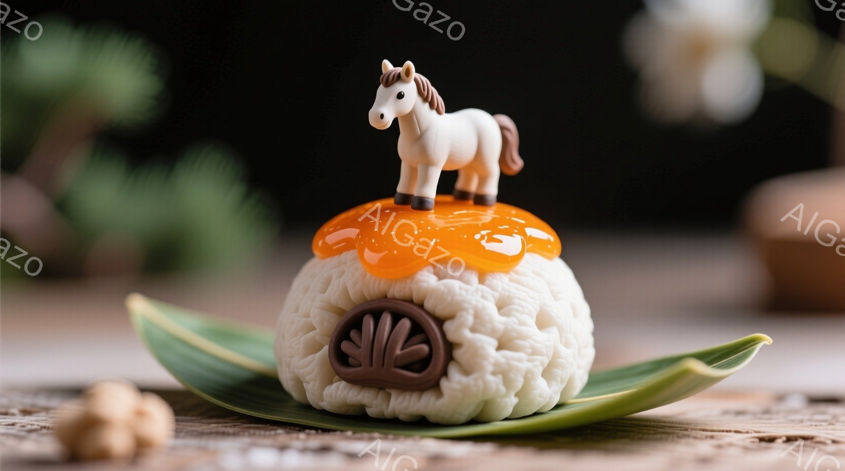 白いおにぎりが緑の葉の上に置かれており、上にはオレンジ色の照り焼きのようなソースが乗っています。おにぎりの側面には海苔が巻き付けられ、頂上には小さな白い馬の置物が飾られています。背景にはぼやけた木製のテーブルと緑の植物が見え、全体的に可愛らしく、食欲をそそる雰囲気です。