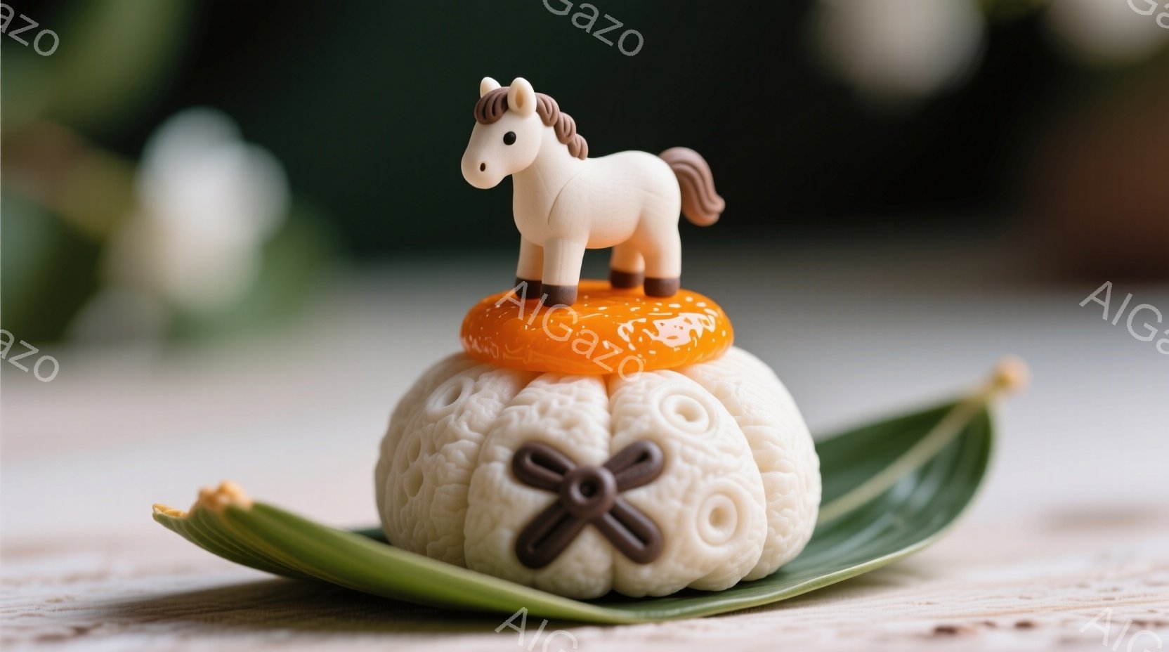 白い背景に、笹の葉の上に置かれた可愛らしいお団子が映っています。団子は、花柄の模様が施され、茶色の飾り紐で結ばれています。その上にはオレンジ色のゼリーが乗せられ、さらにその上に白い馬の置物が飾られています。