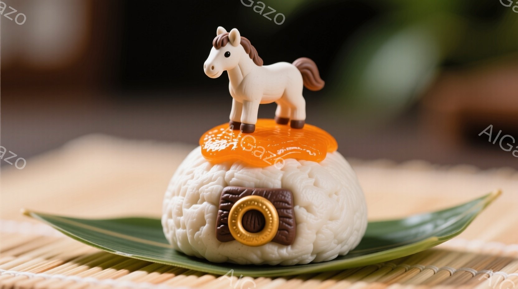 藁の上に置かれた可愛らしいおにぎりが一枚あります。おにぎりの上にはオレンジ色のゼリーのようなものが乗っており、その上には白い馬の置物が飾られています。おにぎりは海苔でベルトのように巻かれており、全体的に温かみのある、手作りの雰囲気が漂っています。