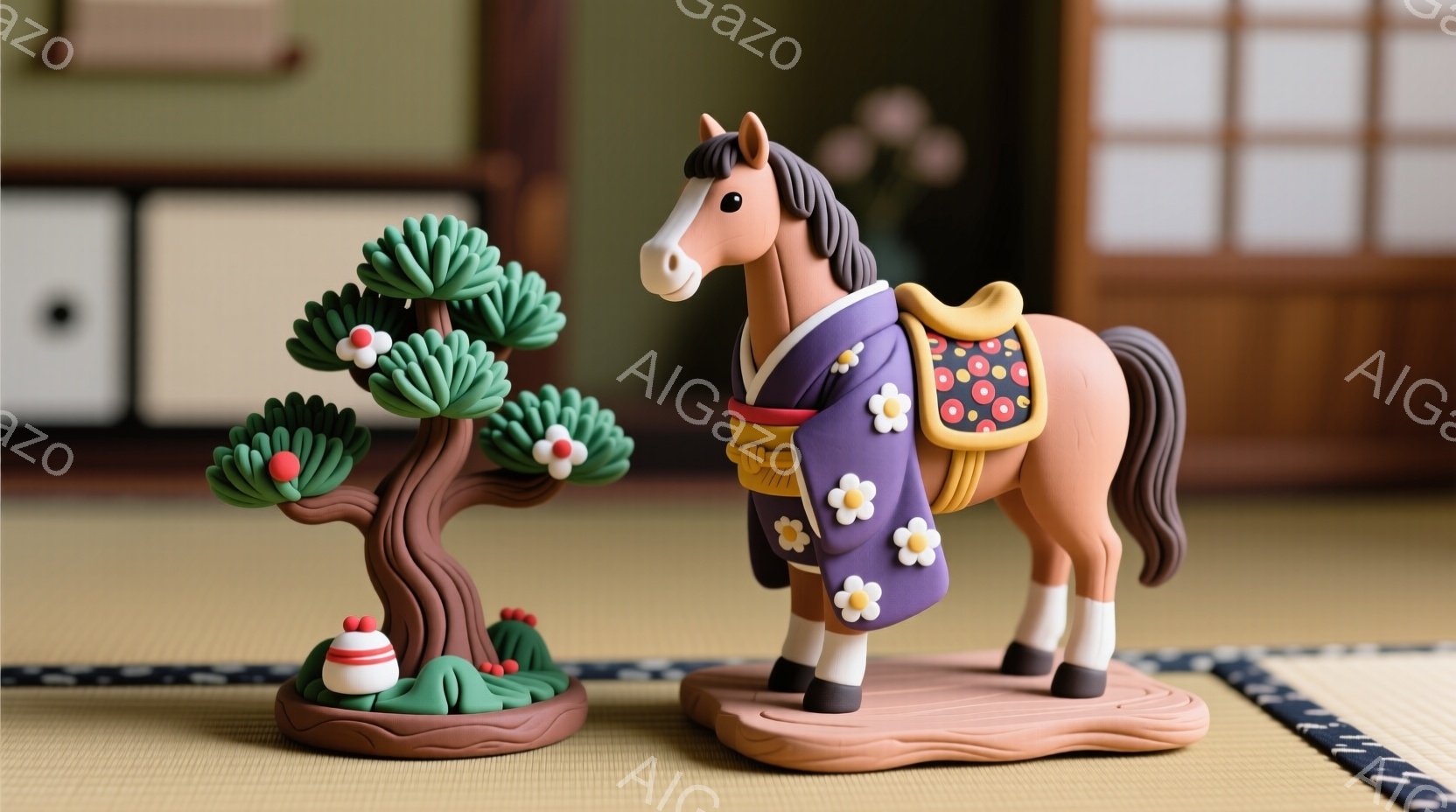 陶器製の馬と木が畳の上に並べられています。馬は紫色の鞍を背負い、茶色の台座に乗っています。背景には緑色の壁と白い障子があり、日本の伝統的な部屋の雰囲気を醸し出しています。 - AI生成フリー素材