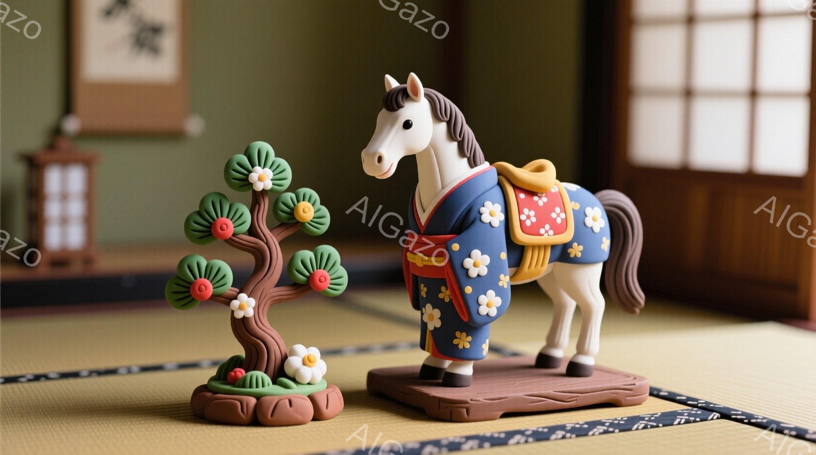 白い馬が、藍色に花模様が描かれた着物を着て、畳の上に立っている。背景には和風の建物の一部が見え、小さな桜の木が馬の隣に飾られている。全体的に、温かく、静かで、伝統的な雰囲気が漂っている。