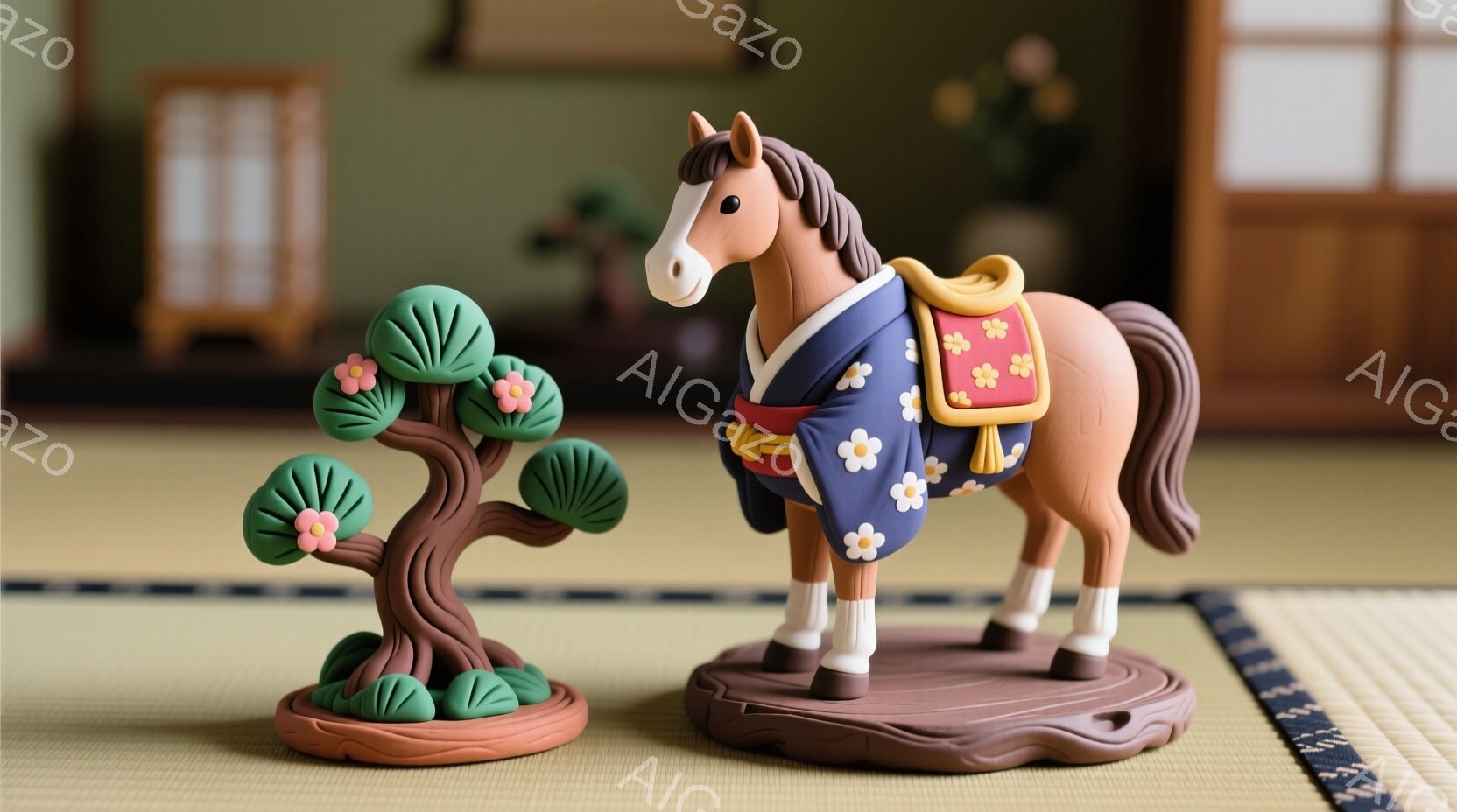 畳の上に、茶色の馬の置物と桜の木の置物が並んでいます。馬は青地に白い桜模様の着物を着ており、鞍も桜柄で飾られています。背景には緑色の壁と木製の棚が見え、日本の伝統的な雰囲気が漂っています。