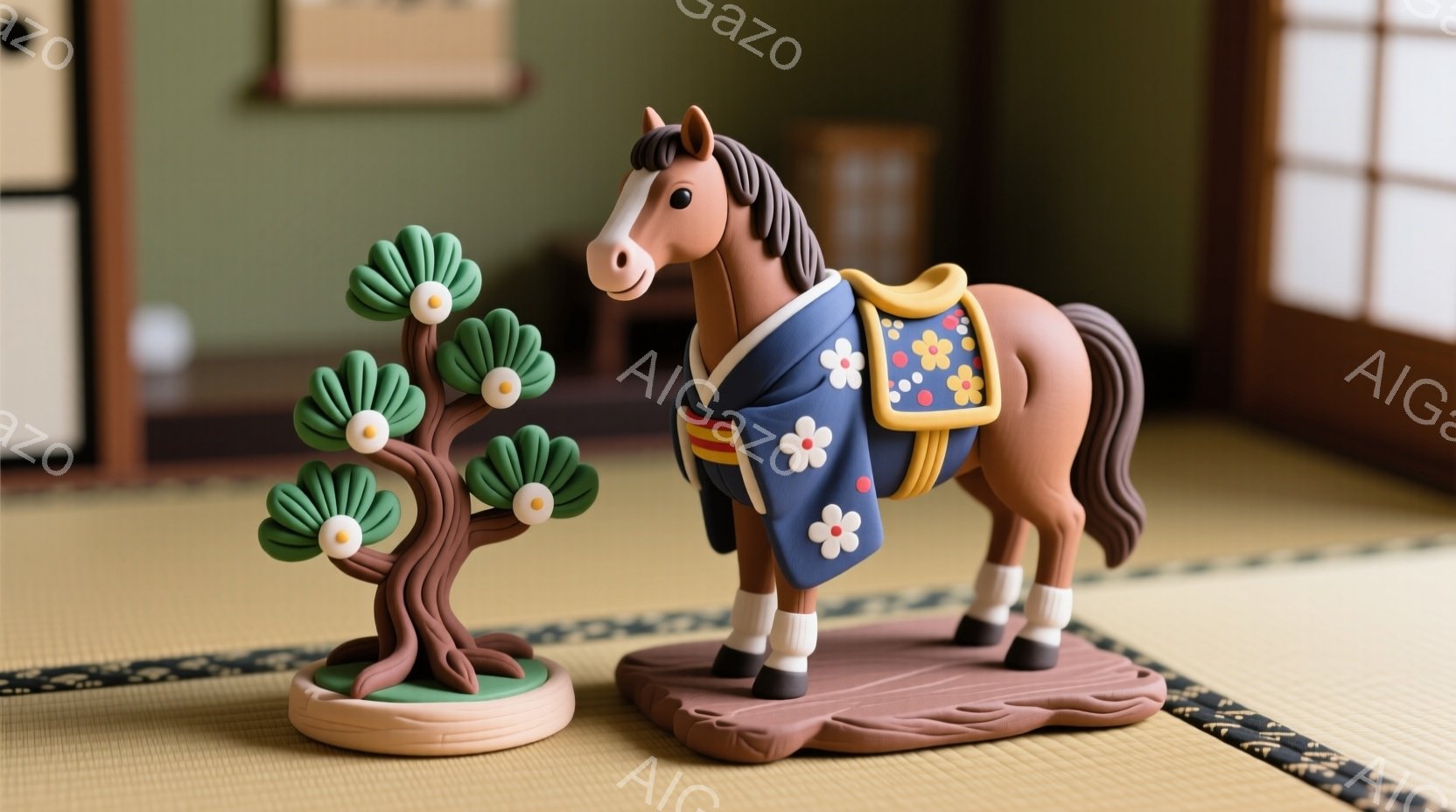 畳の上に置かれた、茶色の粘土で作られた馬の置物です。馬は青い装飾が施された衣装を着ており、足元には白いソックスを履いています。背景には、ぼやけた障子と壁があり、全体的に落ち着いた温かい雰囲気です。 - AI生成フリー素材