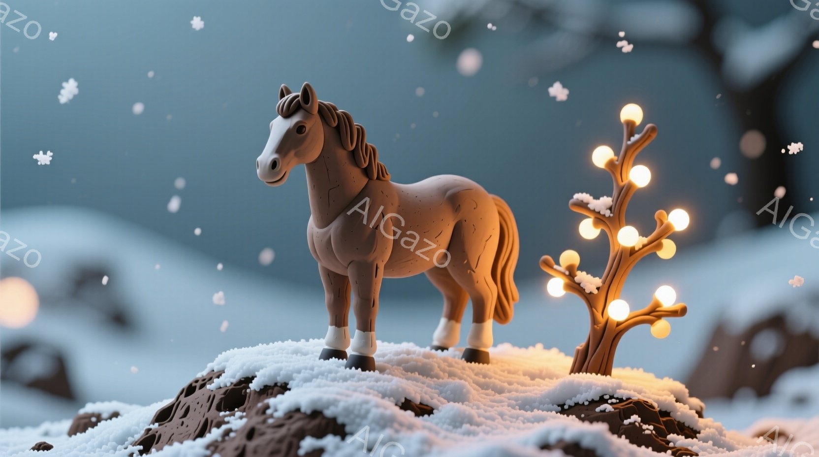雪が降る冬の風景の中に、茶色の馬の置物が描かれています。馬は白い雪の積もった小高い丘の上に立っており、隣には点灯した電球がついた木のオブジェがあります。背景はぼやけた冬の森林で、静かで幻想的な雰囲気を醸し出しています。
