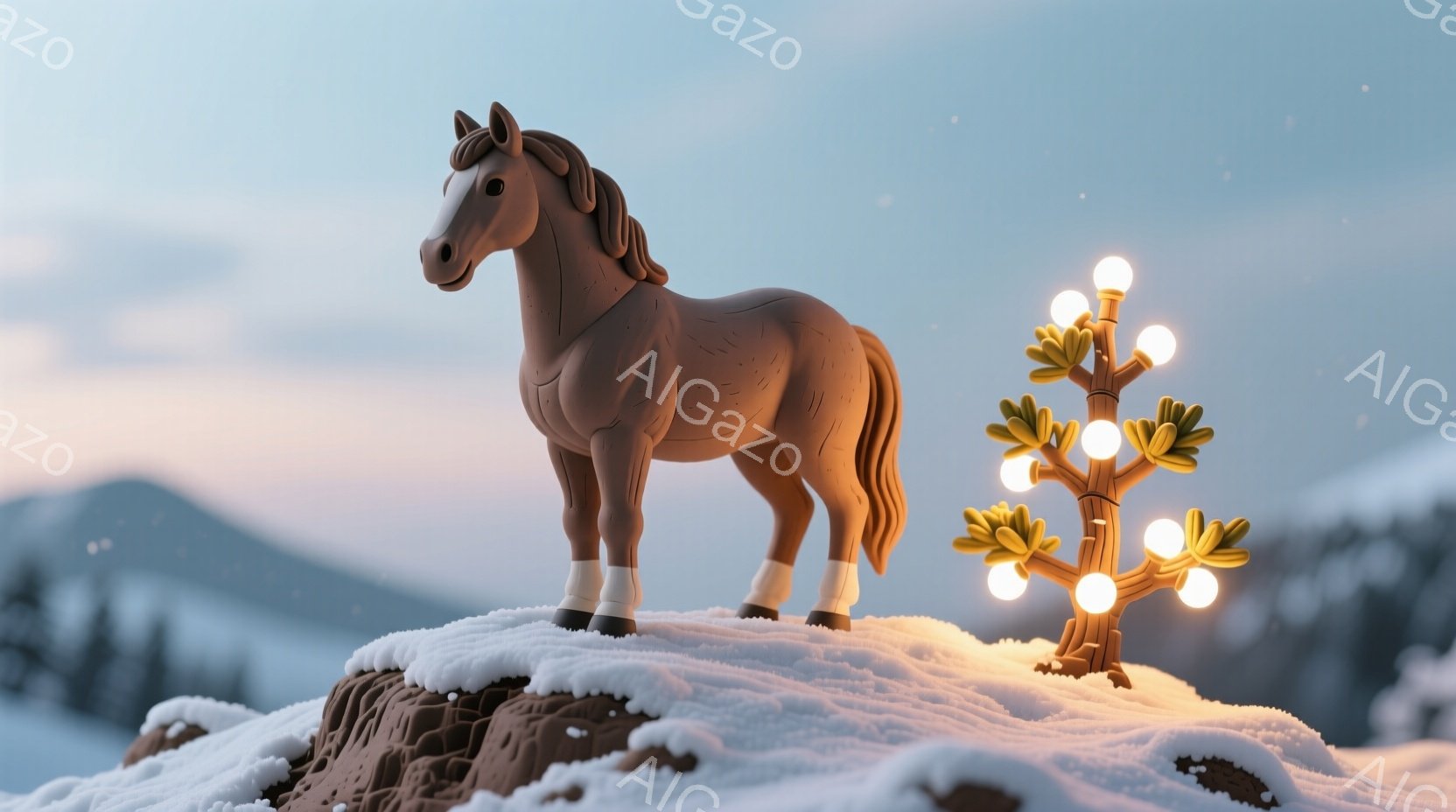 茶色い馬が雪の積もった丘の上に立っており、白い脚と暗い茶色のたてがみを持っています。背景には雪をかぶった山々がぼやけ、右側には電球で飾られた小さな木があります。全体的に、静かで穏やかな冬の風景が感じら - AI生成フリー素材