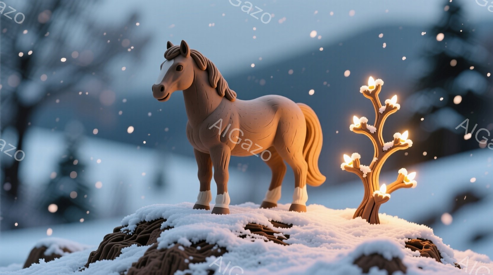 黄金色の毛並みを持つ馬が、雪に覆われた起伏のある地形の上に堂々と立っている。背景には雪で覆われた山々が広がり、遠くにぼんやりと見える。右側には光を放つ木の枝があり、幻想的な雰囲気を醸し出している。