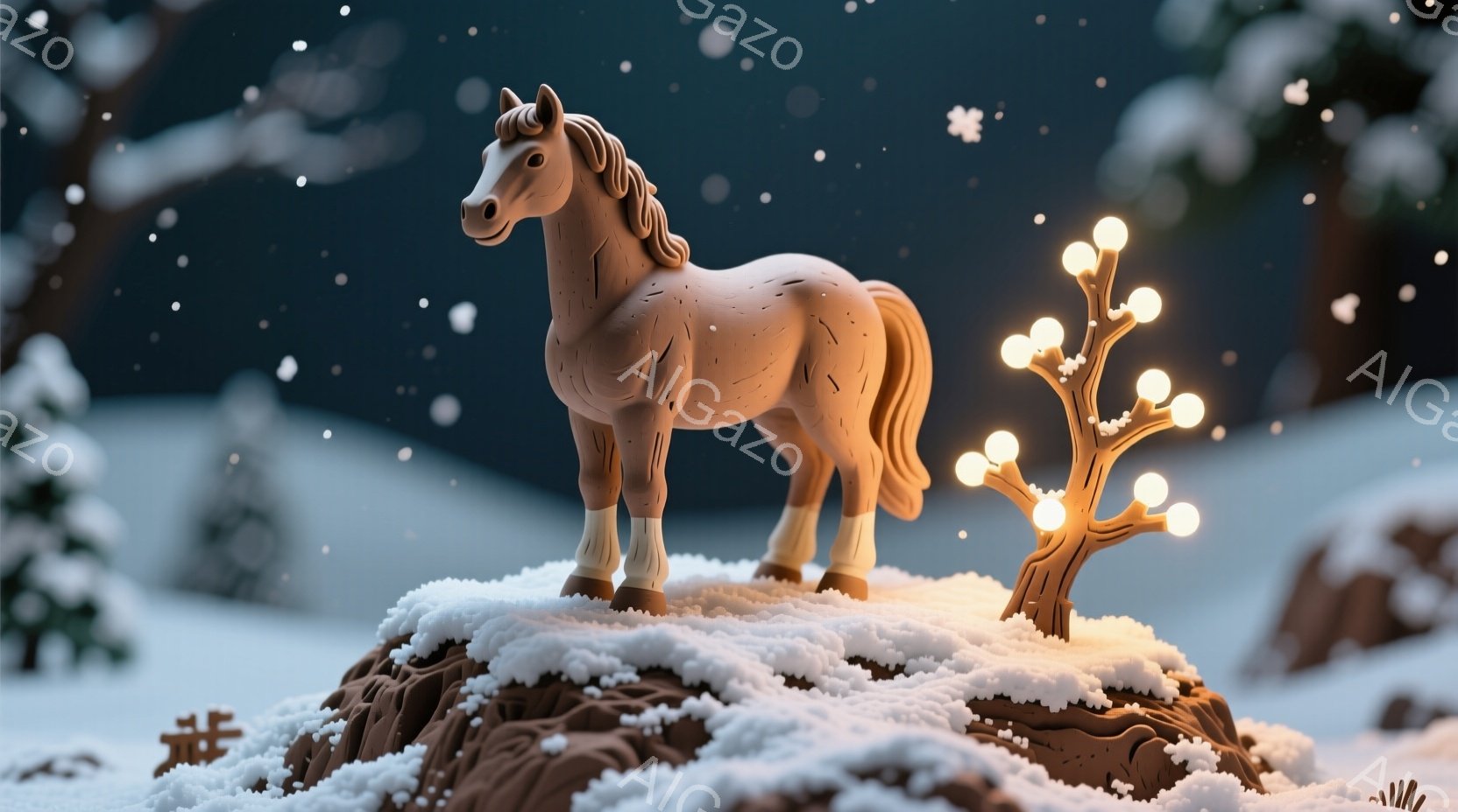 丘の上に立つ茶色の馬が描かれています。雪が降り積もり、背景には暗い森が広がっています。丘のそばには、光る白い球が取り付けられた枝があり、幻想的な雰囲気を醸し出しています。 - AI生成フリー素材