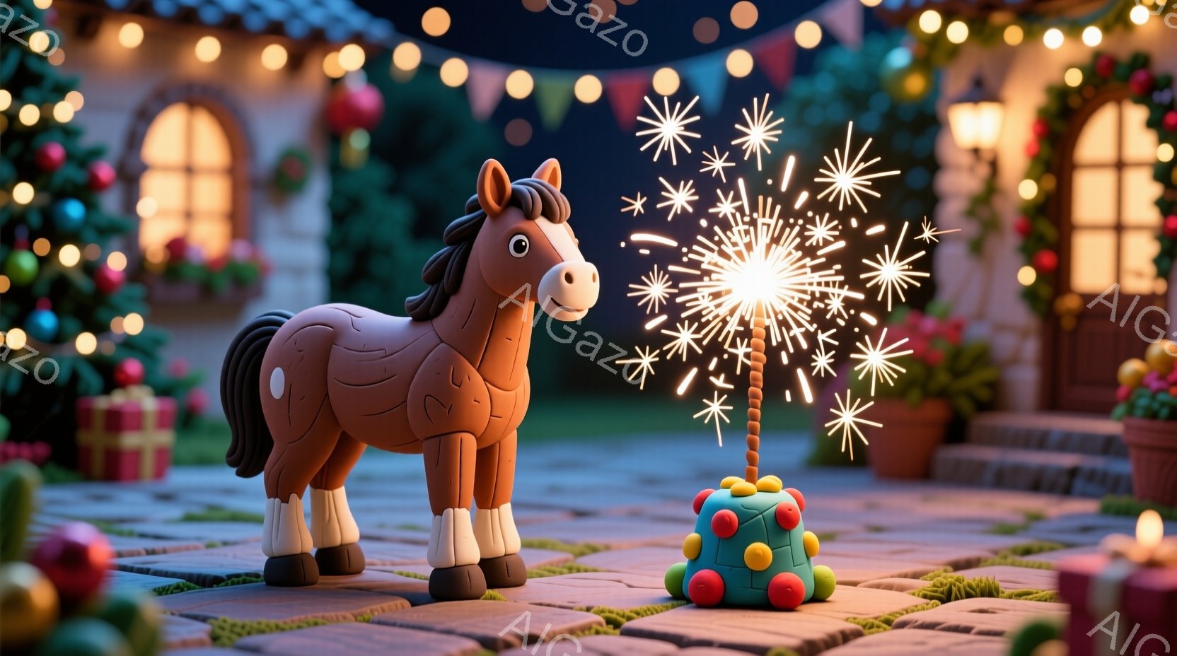 暖炉の光と装飾が輝くレンガ造りのパティオに、茶色の馬の置物が立っています。馬の周りにはプレゼントや植物があり、馬の前に置かれた球体からは花火が打ち上げられています。全体的に温かく、お祝いの雰囲気で、クリスマスの夜を思わせます。