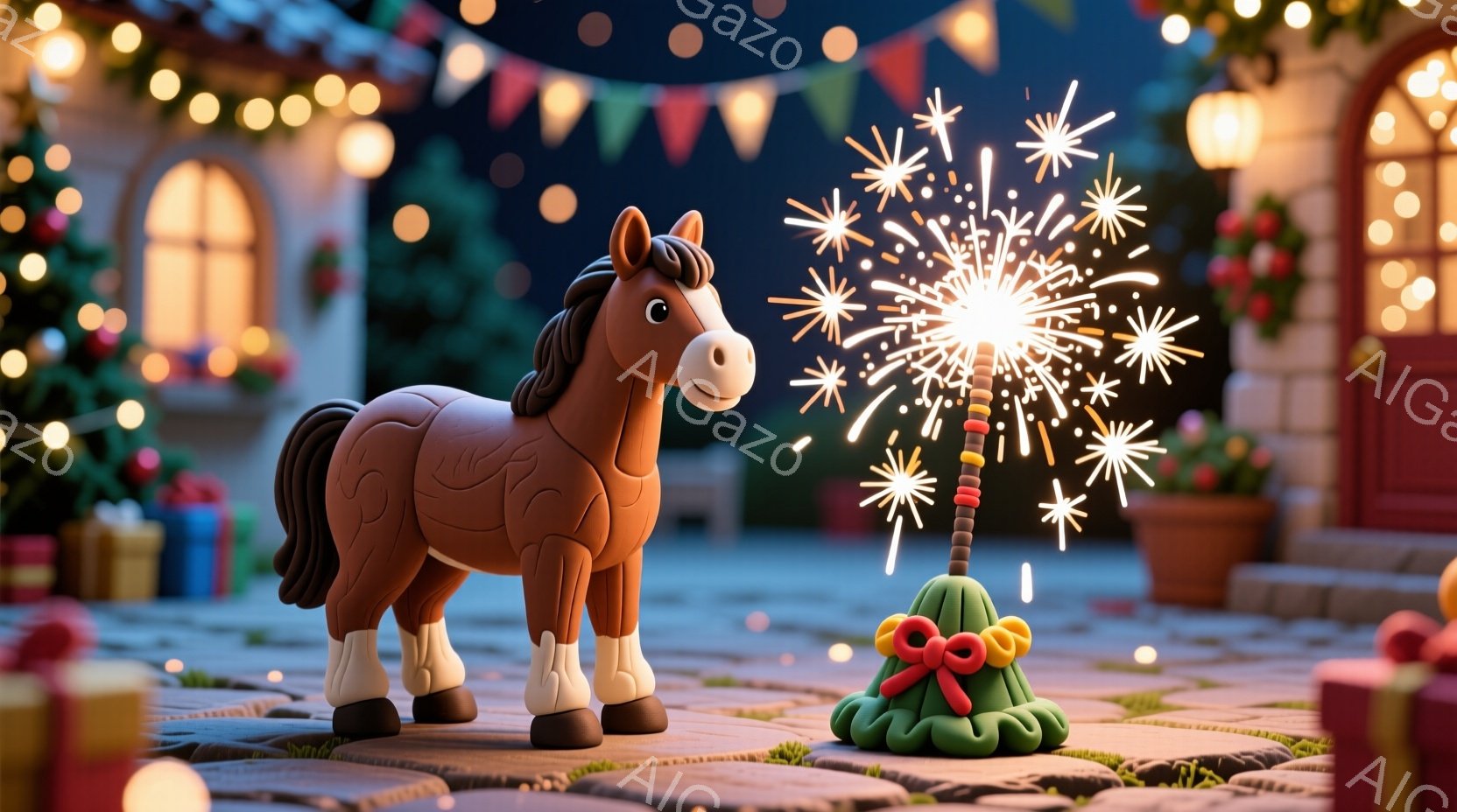 茶色の馬が、クリスマスを祝うように、花火が点火されたケーキの前に立っている。背景には、クリスマスツリーやプレゼント、そして光が点在する可愛らしい建物があり、夜の静かな祝祭の雰囲気を醸し出している。全体 - AI生成フリー素材