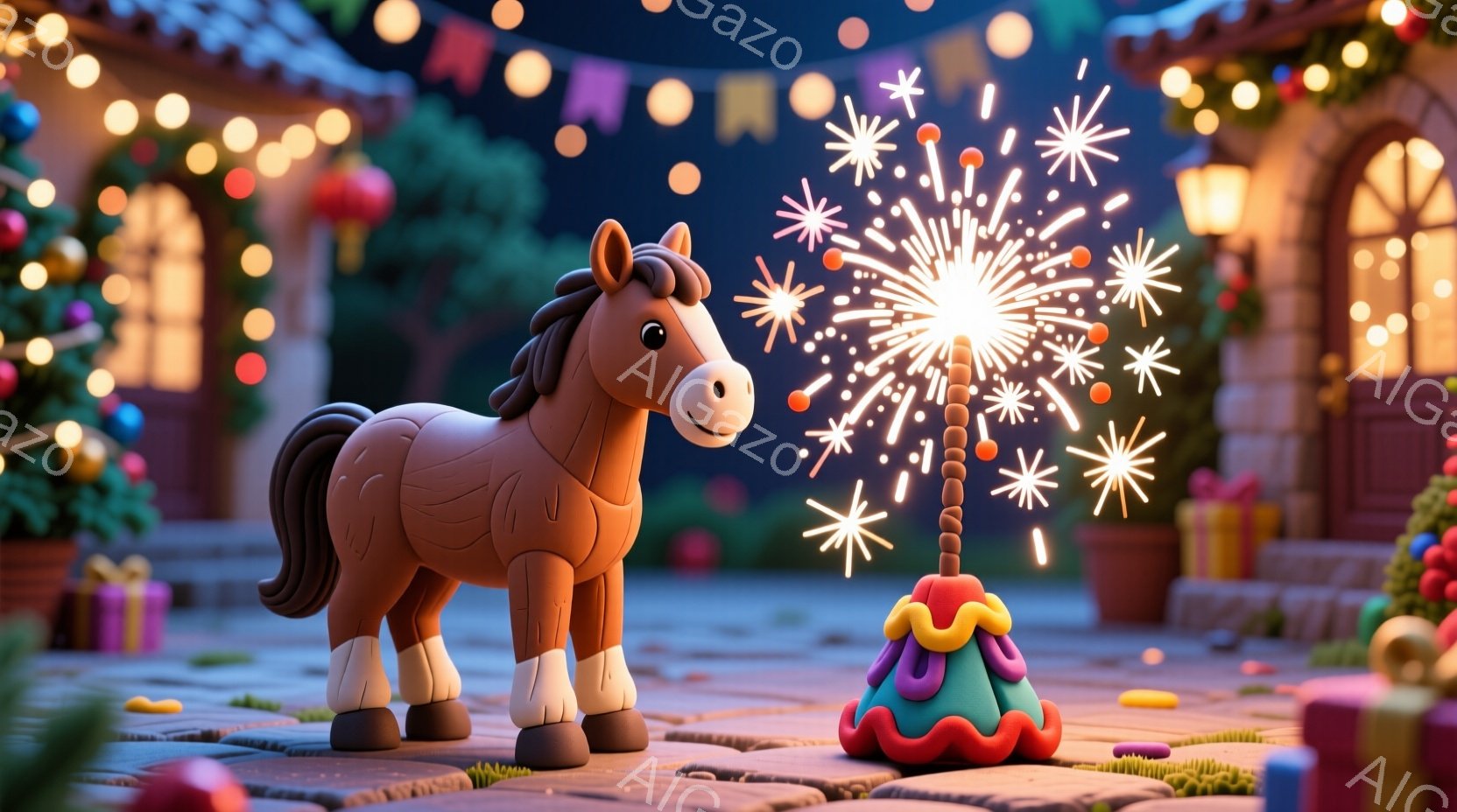 茶色の馬が、ピンクと紫色の土台に立てられた花火を見上げています。背景には、クリスマスツリーやプレゼントの箱が置かれた、暖かく光り輝く建物があり、全体的に祝祭で楽しい雰囲気が漂っています。暖色系の照明と - AI生成フリー素材