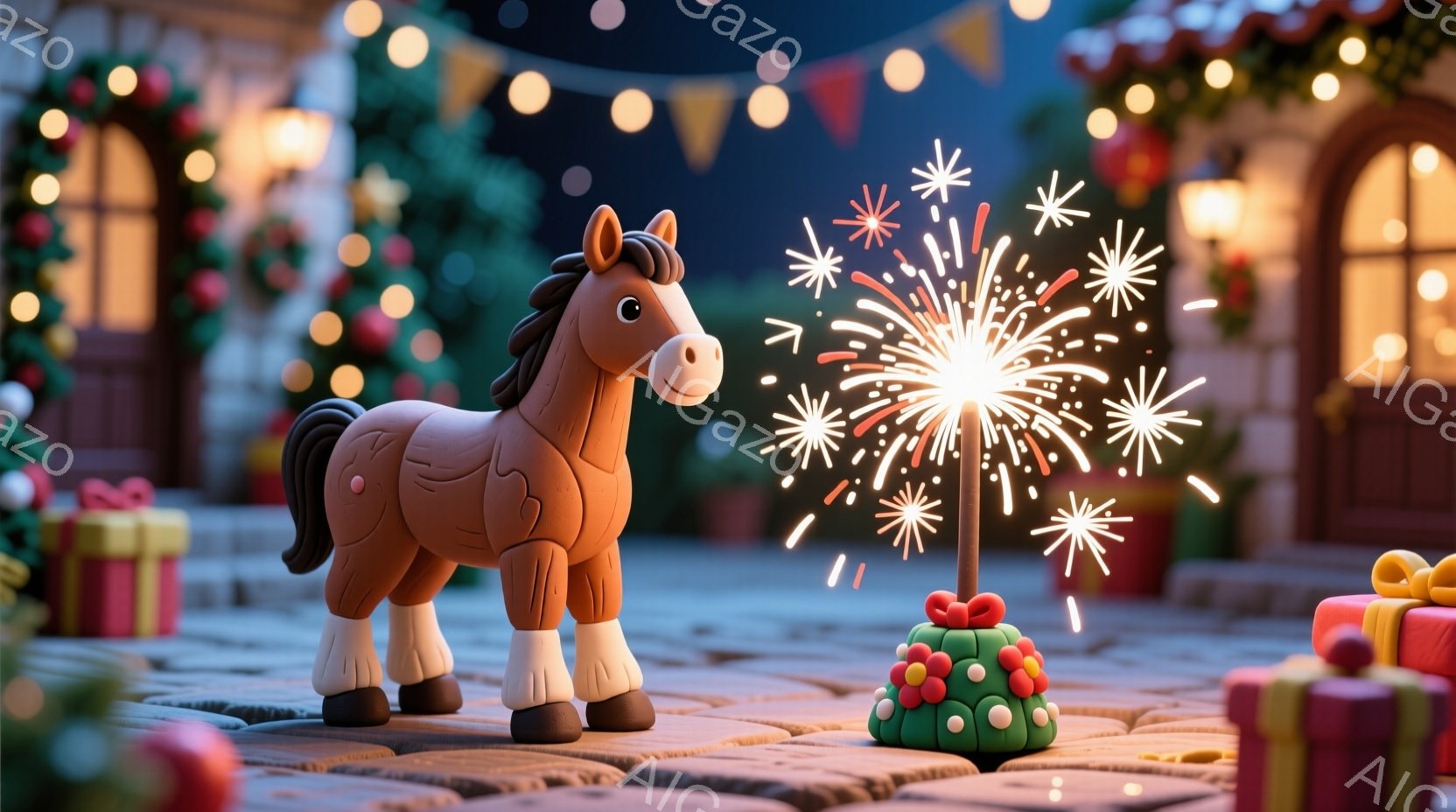 レンガ造りの道に置かれたプレゼントの山と、クリスマスツリーの飾り付けがされた背景の中で、粘土のような馬が立っています。馬は茶色で、愛らしい表情をしており、小さな花火が灯された小さなクリスマスツリーのケ - AI生成フリー素材