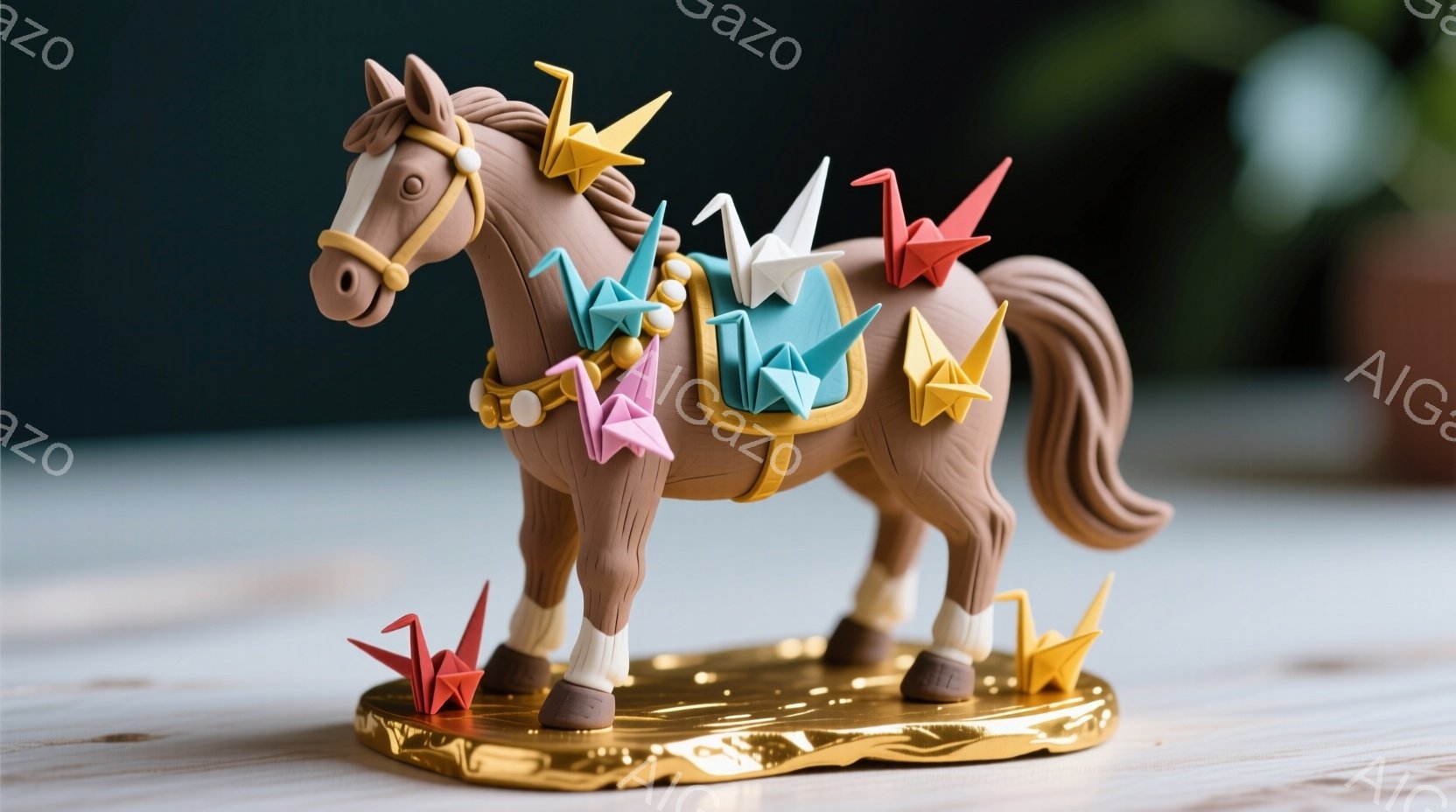 茶色の馬の置物が、金色の台座の上に立っている。馬の背中には、様々な色の折り紙の鶴が飾られており、まるで花飾りを背負っているかのようだ。背景は白っぽくぼやけており、馬の置物が際立っている。 - AI生成フリー素材