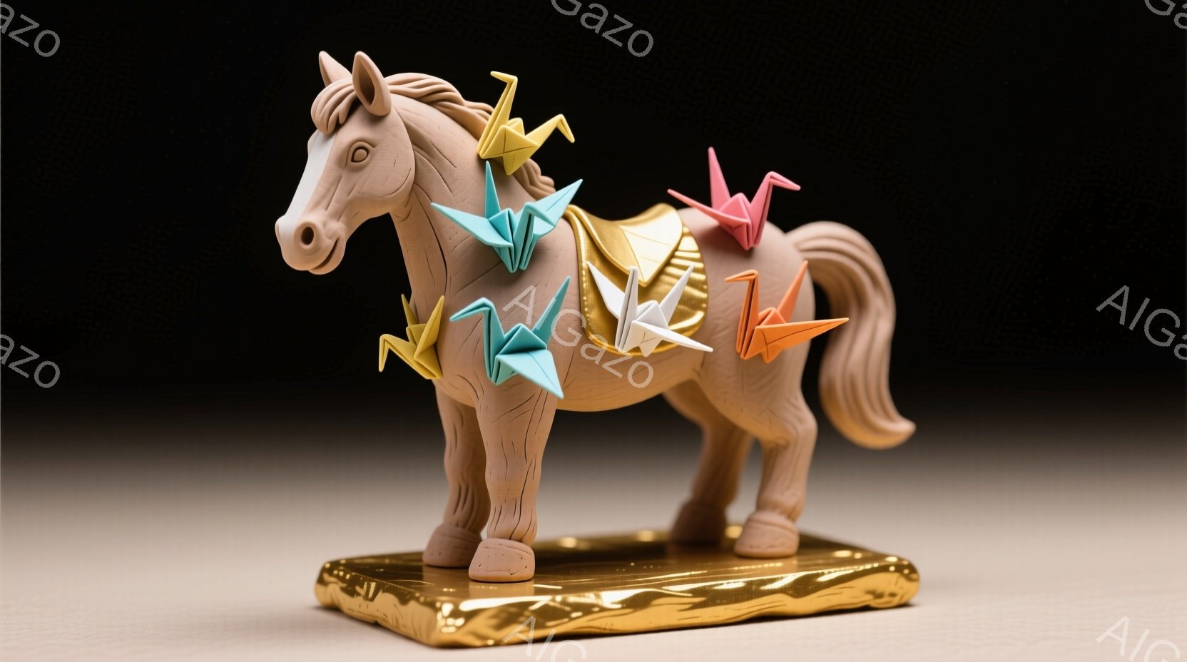 白い馬が黄金色の台の上に立っている。その体には、様々な色の折り紙の鶴が装飾されており、まるで鎧のように見え、独特の趣を醸し出している。背景はぼやけており、馬と折り鶴が際立っている。 - AI生成フリー素材