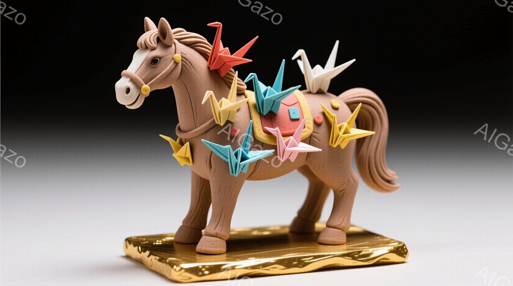 茶色の馬の彫刻が、金色の台の上に立っている。馬の背中には、色とりどりの折り紙の鶴が取り付けられており、まるで装飾品のように見える。背景は暗く、彫刻が引き立ち、静かで幻想的な雰囲気を醸し出している。 - AI生成フリー素材