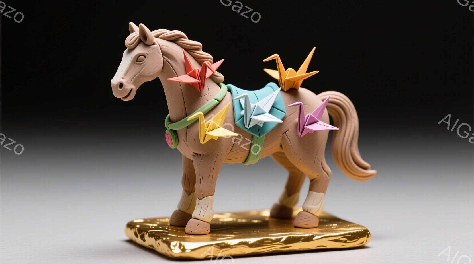 茶色い子馬が、編まれた緑色の籠の中に丸まって眠っています。周りには桜の花びらが散りばめられ、優しい春の雰囲気を醸し出しています。木製のテーブルの上で、暖かく穏やかな情景が広がっています。 - AI生成フリー素材