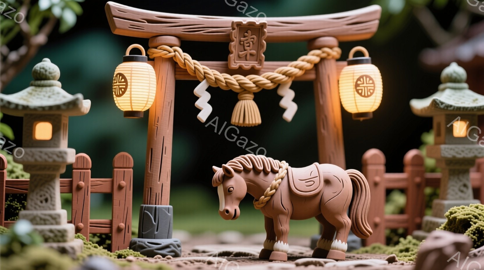 土色の小さな風景の中に、鳥居、石灯籠、そして馬の置物が配置されています。馬は鞍を背負い、右を向いて立っており、鳥居の下に置かれた苔むした石垣が背景を彩ります。全体的に暖かく、落ち着いた雰囲気で、ミニチ - AI生成フリー素材
