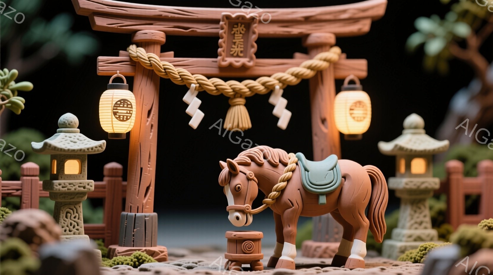 土製のミニチュアの神社の一角を描いており、朱色の鳥居、石灯籠、そして小さな馬の置物が配置されています。馬は鞍を背負い、石畳の道沿いに静かに立っており、全体的に温かく、牧歌的な雰囲気が漂っています。背景 - AI生成フリー素材