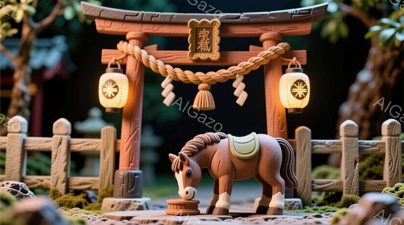 土色の馬が、鳥居の前に置かれた餌を食べようとしています。鳥居は藁縄で飾られ、両脇には提灯が吊るされています。背景には石灯籠や緑豊かな植生が見え、全体的に穏やかで牧歌的な雰囲気が漂っています。 - AI生成フリー素材