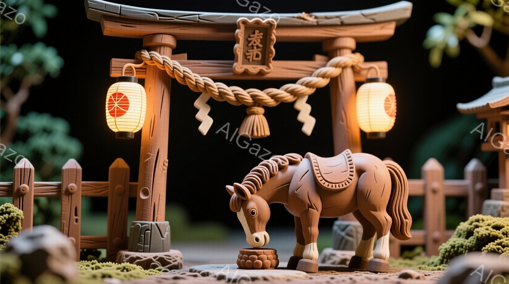 小さな木製の馬が、鳥居と竹垣に囲まれた風景の中に描かれています。馬は地面に置かれた木の塊を食べているようで、穏やかで平和な雰囲気が漂っています。背景には緑豊かな植物やぼんやりとした建物が見え、全体的に - AI生成フリー素材