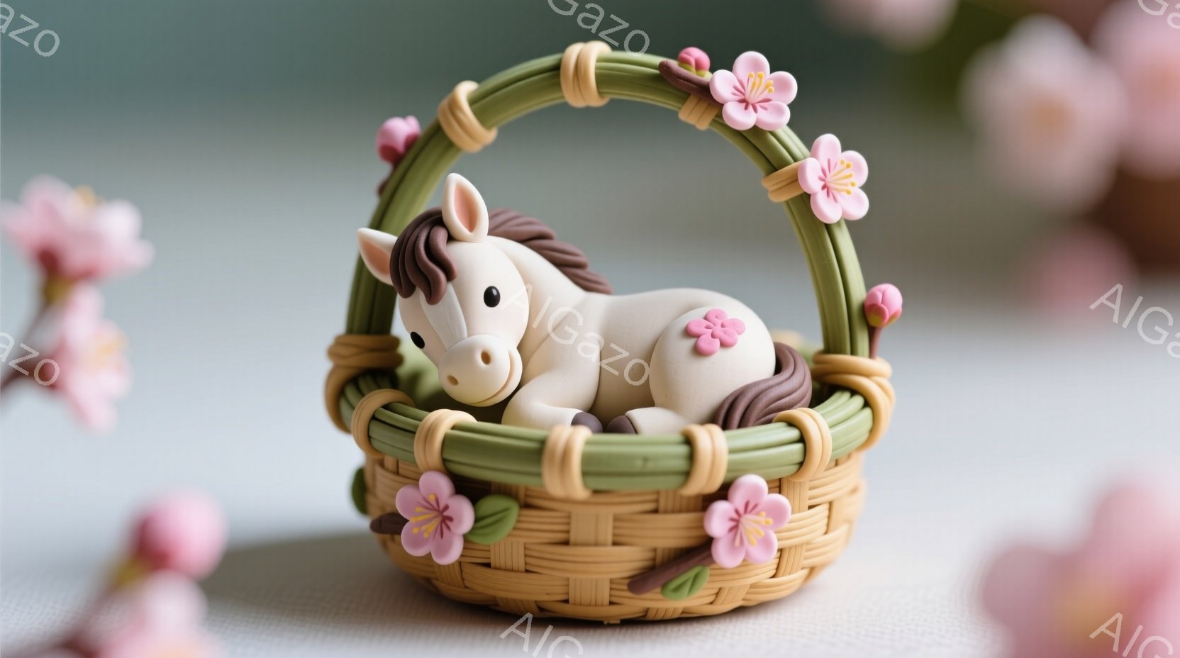 籠の中に白い馬の置物が横たわっています。籠は緑色と茶色の編み込みでできており、ピンク色の桜の花で飾られています。背景はぼやけたピンク色で、桜の花びらが散りばめられており、全体的に柔らかく春らしい雰囲気を醸し出しています。