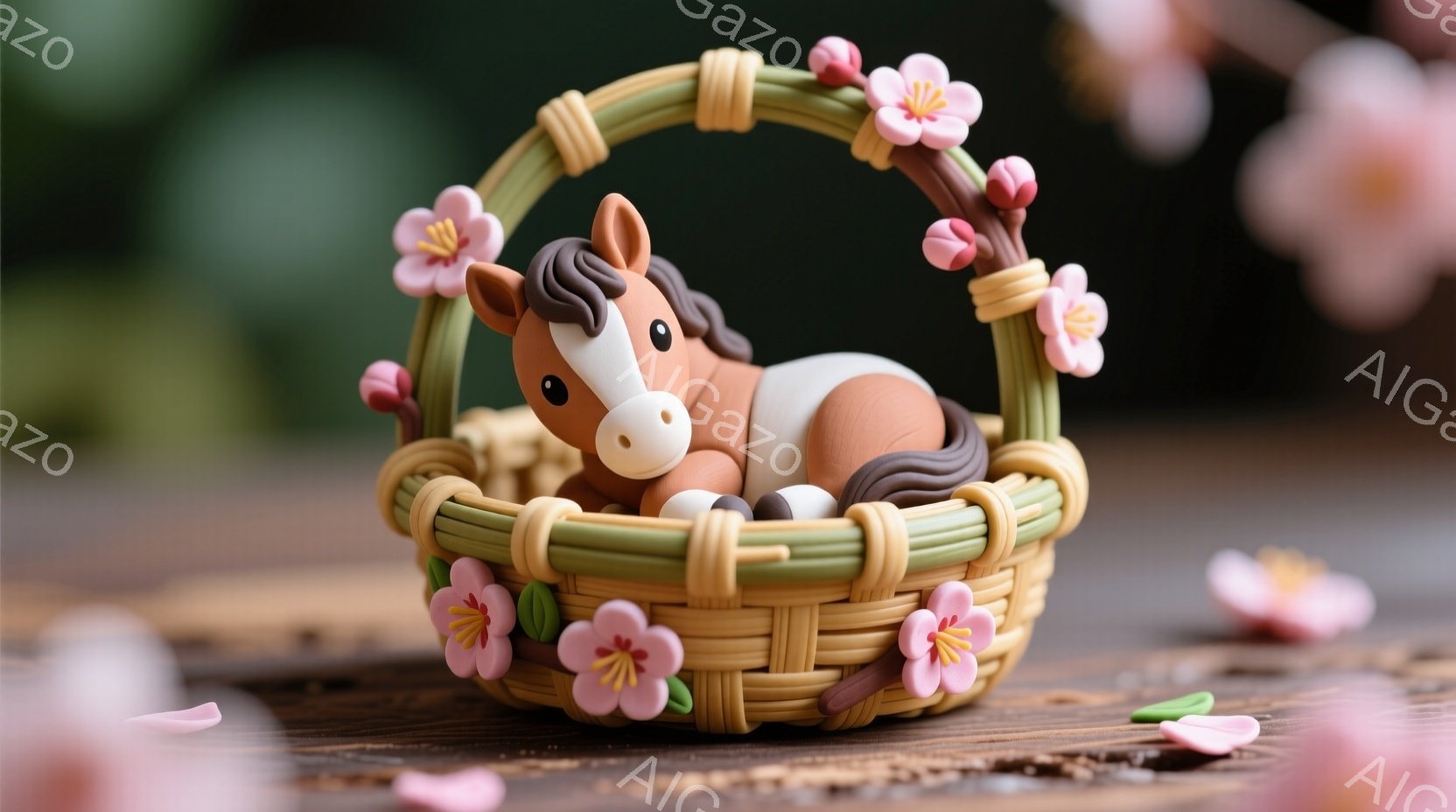 籐編みのバスケットの中に、茶色と白の小さな馬が丸まって眠っている様子が描かれています。バスケットの縁にはピンク色の桜の花が飾り付けられ、背景にはぼやけた桜の花びらが散りばめられています。温かみのある木 - AI生成フリー素材