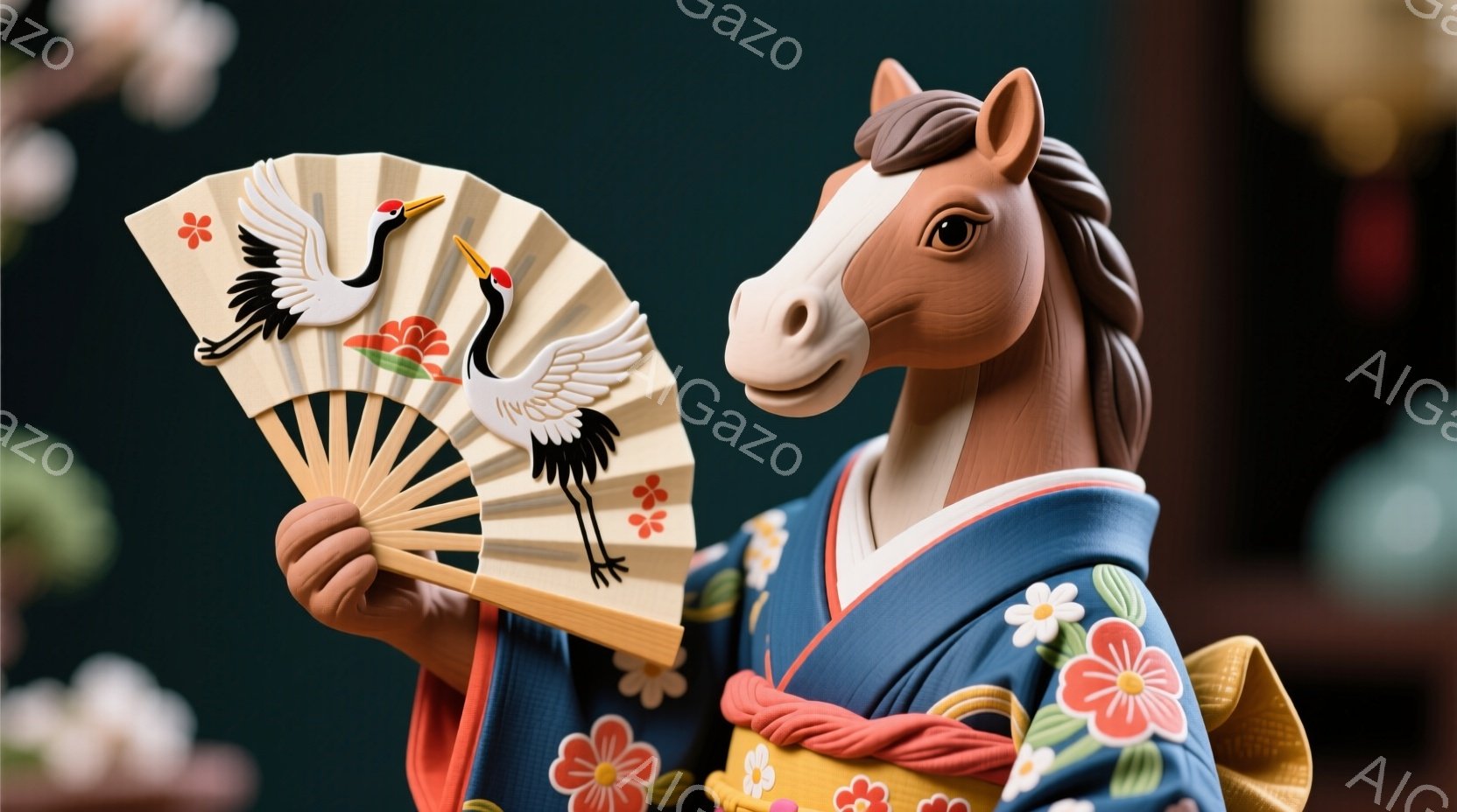 茶色の馬が日本の伝統的な着物を身につけ、扇子を持っています。着物は濃い青色で、赤い牡丹の花柄が施されており、黄色と赤色の帯で締まっています。背景は暗く、ぼやけており、何らかの装飾品が見え、全体的に優雅で上品な雰囲気です。