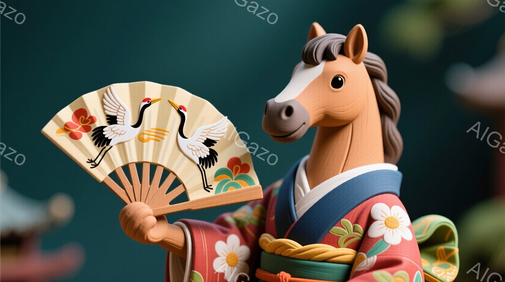 着物を着た馬が扇子を持っている様子を描いています。馬は薄茶色の体毛で、赤い地に白い花模様の華やかな着物を着ています。扇子には鶴が描かれており、馬は上品な雰囲気で扇子を掲げています。 - AI生成フリー素材