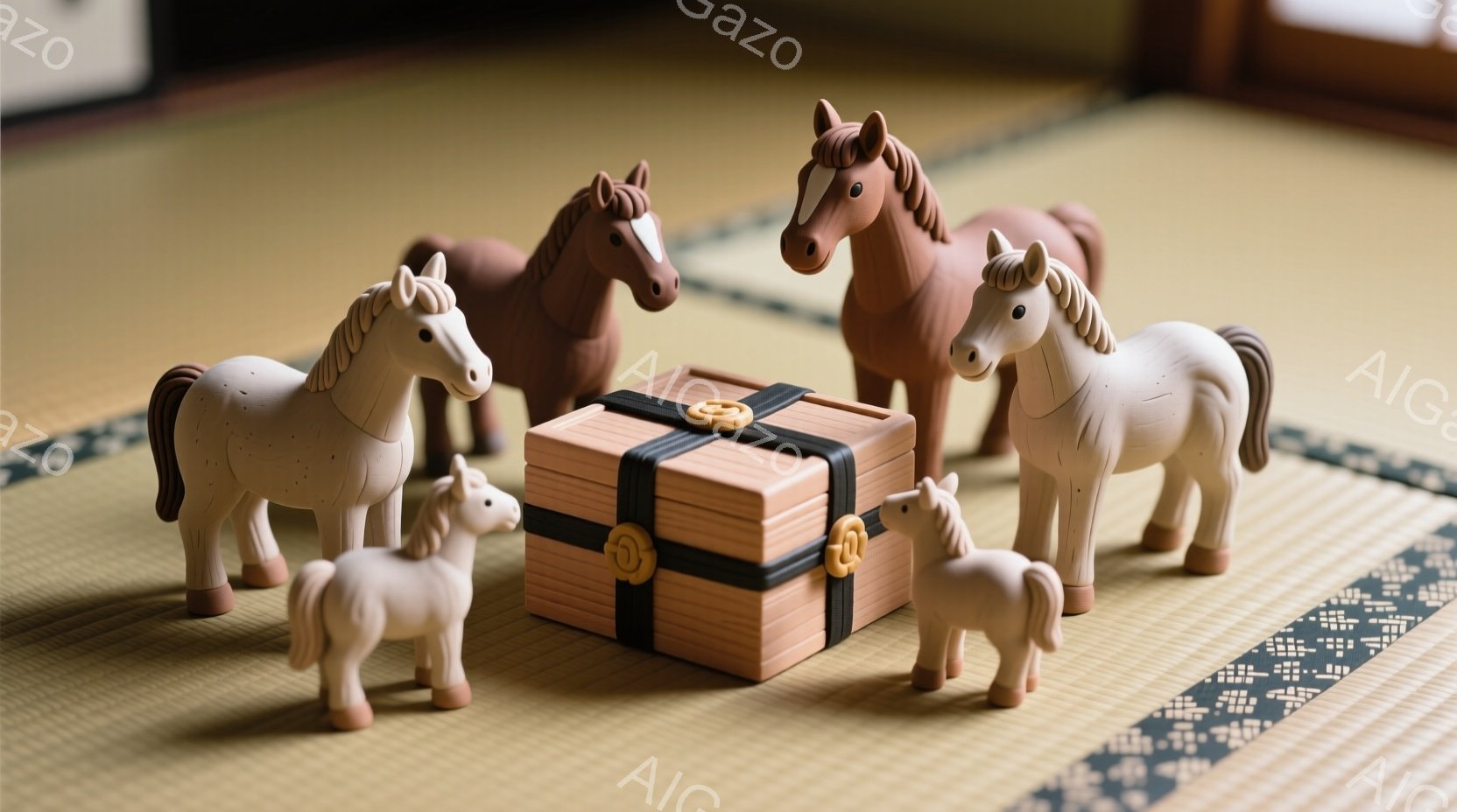 茶色の馬が雪の上に置かれた木製の台の上で、凧揚げをしている様子が描かれています。馬は明るい表情で、凧は赤、緑、黄色、紫のカラフルなストリーマーが付いた可愛らしいデザインです。背景には雪で覆われた木々や、小さく可愛らしい家があり、全体的に暖かく、楽しい冬の雰囲気を醸し出しています。