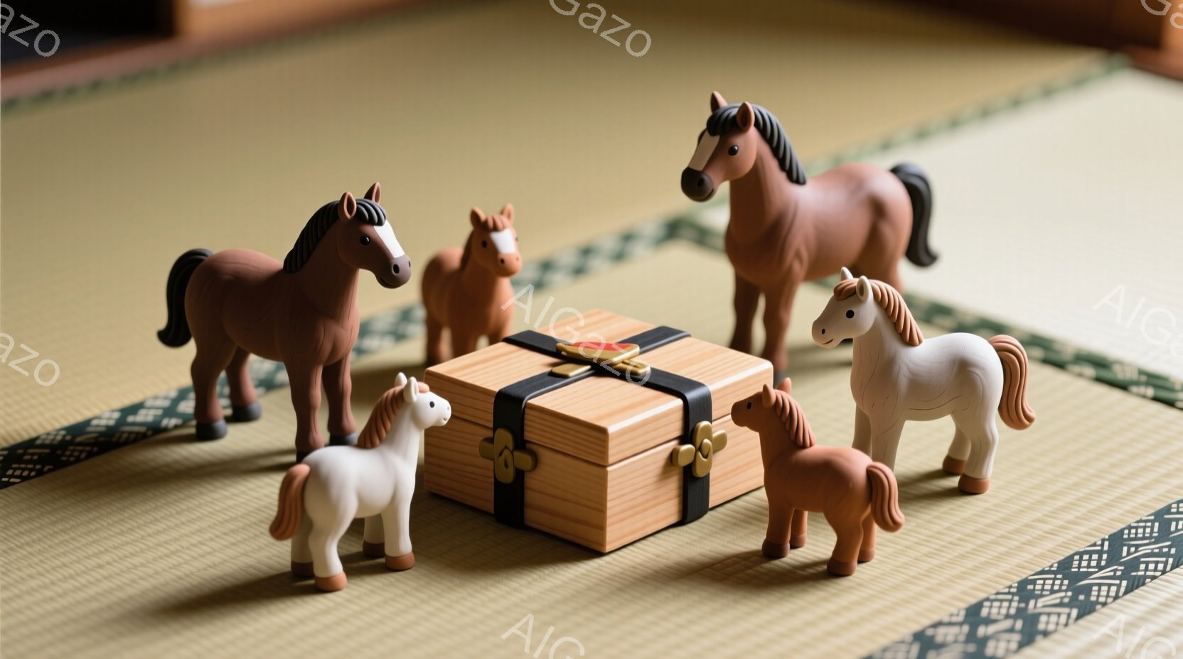 畳の上に、木製の箱が置かれており、その周りを馬の置物が囲んでいます。馬は茶色、白、栗毛の様々な色をしており、それぞれ少しずつ姿勢が異なっています。全体的に落ち着いた雰囲気で、伝統的な日本のインテリアと - AI生成フリー素材