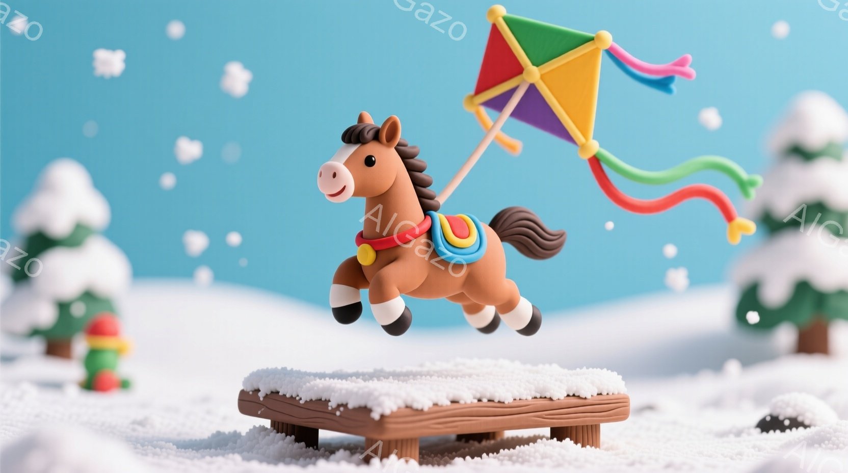 茶色の馬が雪の上に置かれた木の台の上でジャンプしている様子が描かれています。馬は赤い帯で飾られ、首周りには茶色のたてがみがあります。背景には雪で覆われた木々が立ち並び、雪が舞い散る冬の景色が広がっています。