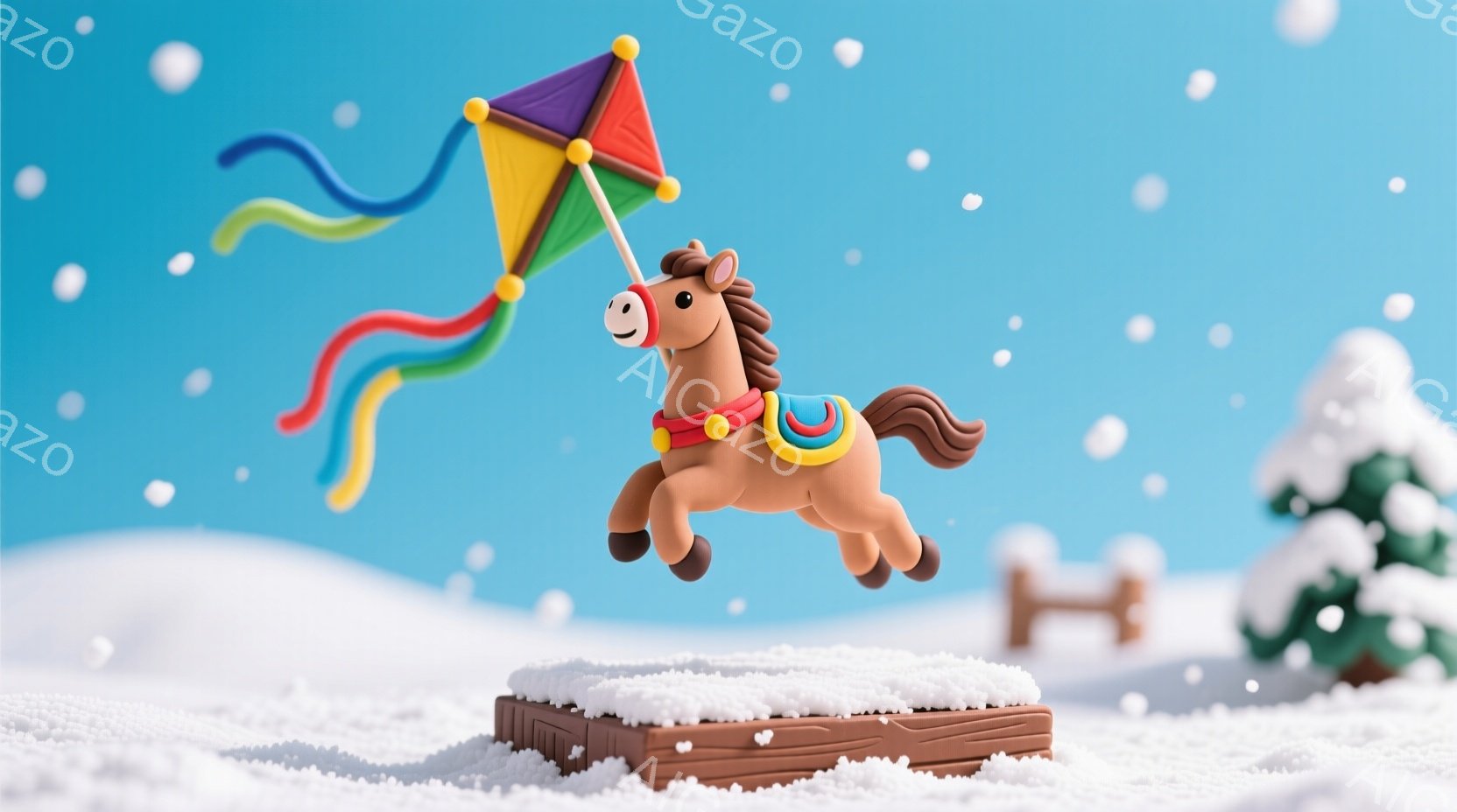 茶色の小さな馬が、雪で覆われた茶色の台の上に立っており、虹色の凧を掲げています。背景には雪景色が広がり、遠くには雪で覆われた緑の木々が見え、全体的に暖かく、おとぎ話のような雰囲気です。馬は笑顔で活気に満ちたポーズをとっており、冬のワンダーランドで喜びを表現しています。