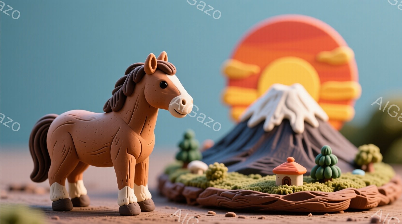 茶色の馬が正面を向いて立っており、穏やかな表情をしています。背景には、雪をかぶった山、小さな家、そして緑色の木々が並ぶ可愛らしい風景が広がっています。空には、オレンジと黄色のグラデーションが施された、まるでジオラマのような暖かく幻想的な雰囲気です。