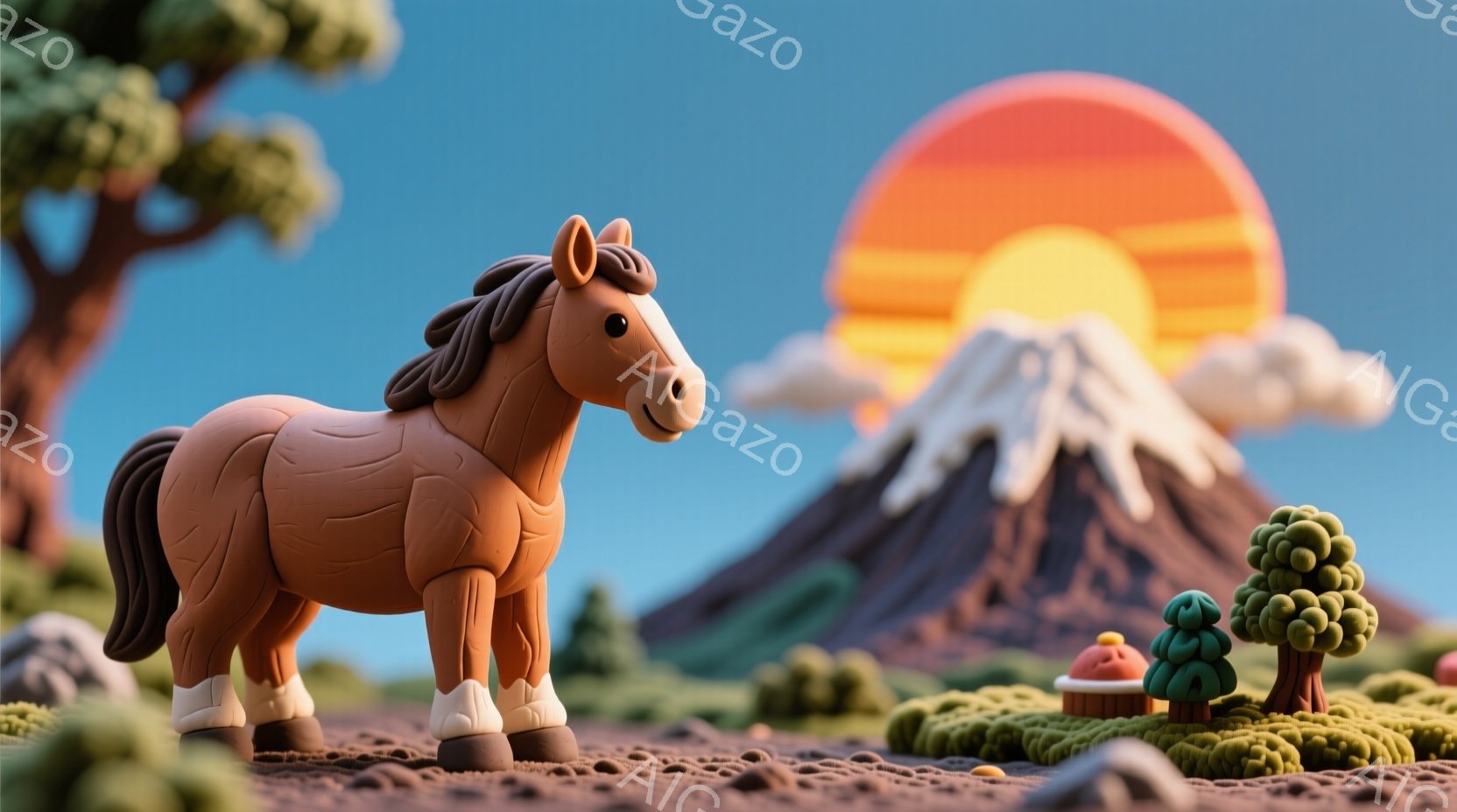 明るい茶色の馬が、緑色の芝生の上で立っています。背景には、雪をかぶった富士山と、夕焼けのようなオレンジ色の円盤が大きく描かれ、可愛らしい木々や小さな建物が配置されています。全体的に暖かく、遊び心のある雰囲気で、まるでジオラマのような可愛らしい光景です。