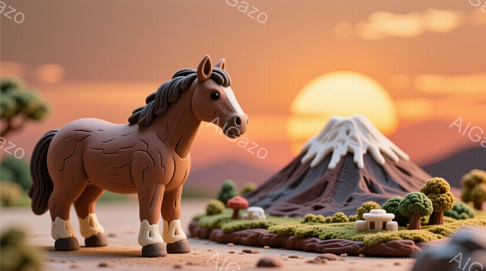 粘土のような質感の茶色の馬が、日本の風景を模したジオラマの中に立っています。背景には富士山を模した山と、緑の丘、小さな建物、そして夕焼けのようなオレンジ色の空が広がっています。全体的に温かみがあり、どこか懐かしい、おとぎ話のような雰囲気が漂っています。